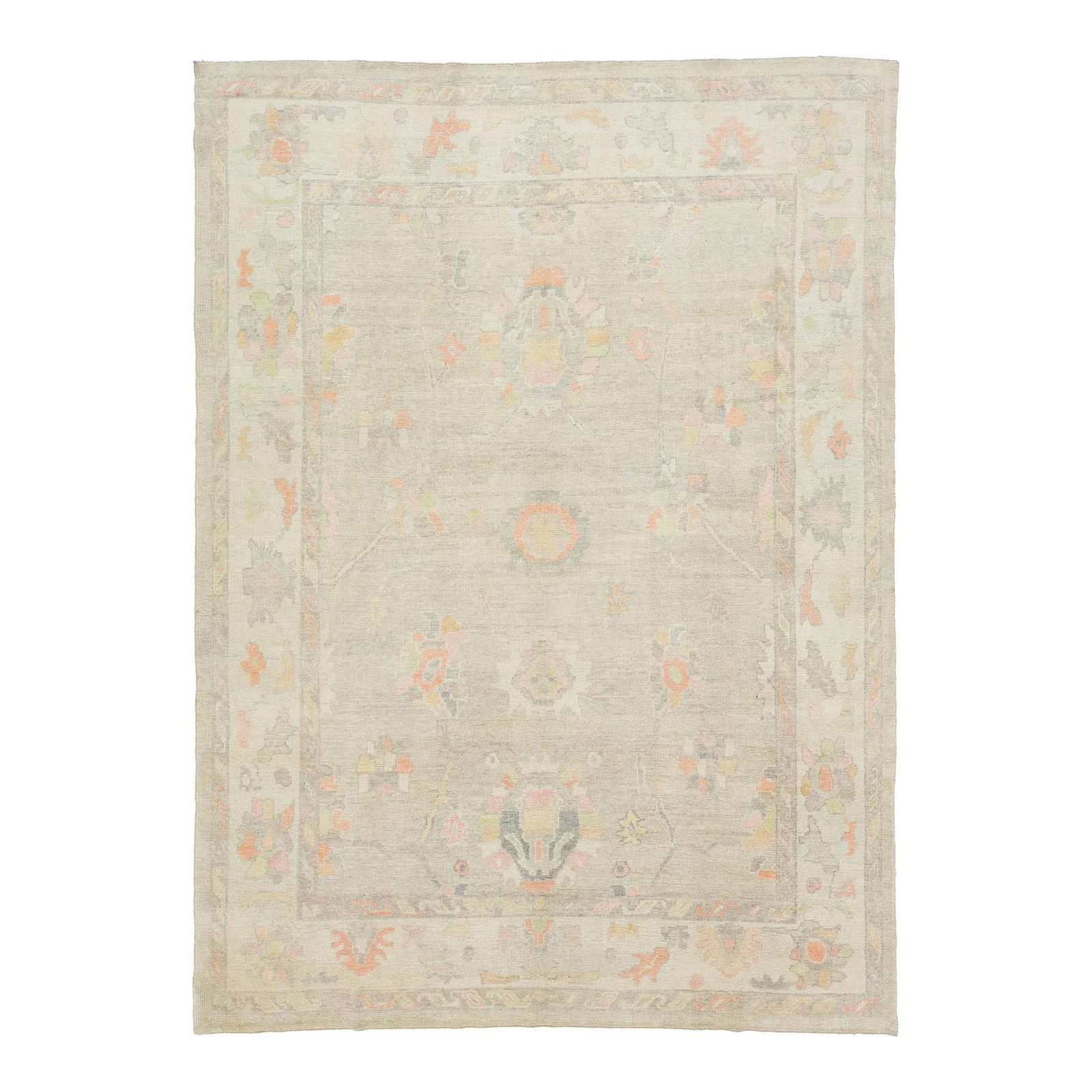 Contemporary Oushak Floral Wool Rug 8'10 x 12'1 Beige (1 of 10)