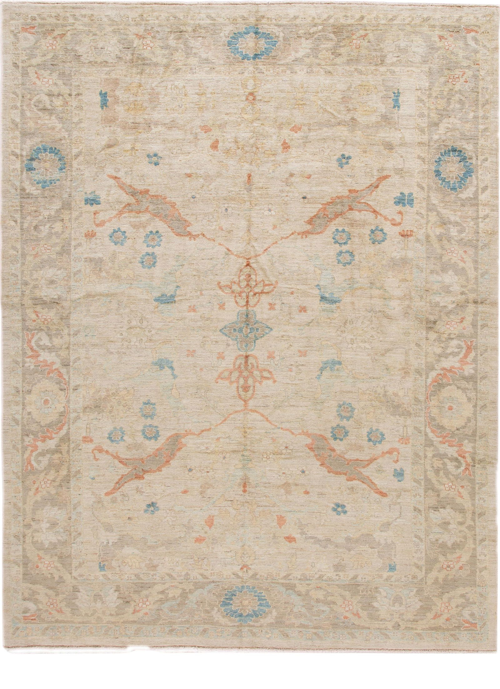 Modern Sultanabad Beige Floral Wool Rug 8'10 x 11'7 Hand Knotted: Modern Sultanabad Beige Floral Wool Rug 8'10 x 11'7 Hand Knotted Enhance your living space with this exquisite modern Sultanabad handmade rug, featuring a stunning beige background and a purple field.