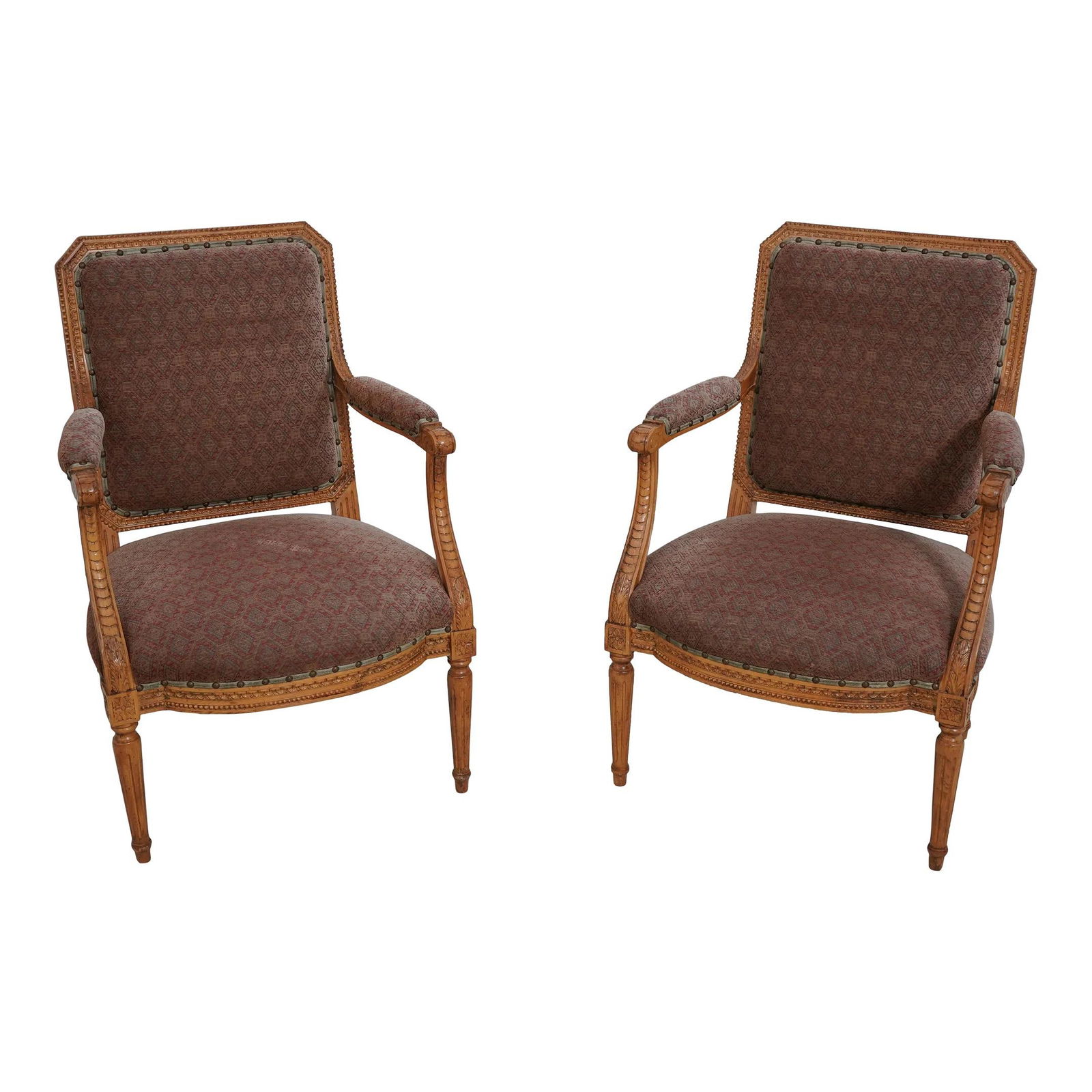 Elegant Pair of Louis XVI Style Upholstered Armchairs in Brown Leather (1 of 10)
