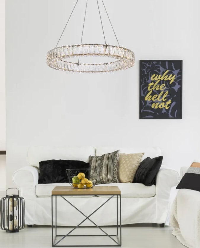 Monroe Modern 26 Inch Crystal LED Gold Chandelier Ceiling Fixture: Monroe Modern 26 Inch Crystal LED Gold Chandelier Ceiling Fixture This modern chandelier features a halo ring design with a gold finish frame and royal cut clear crystal accents. The fixture uses inte