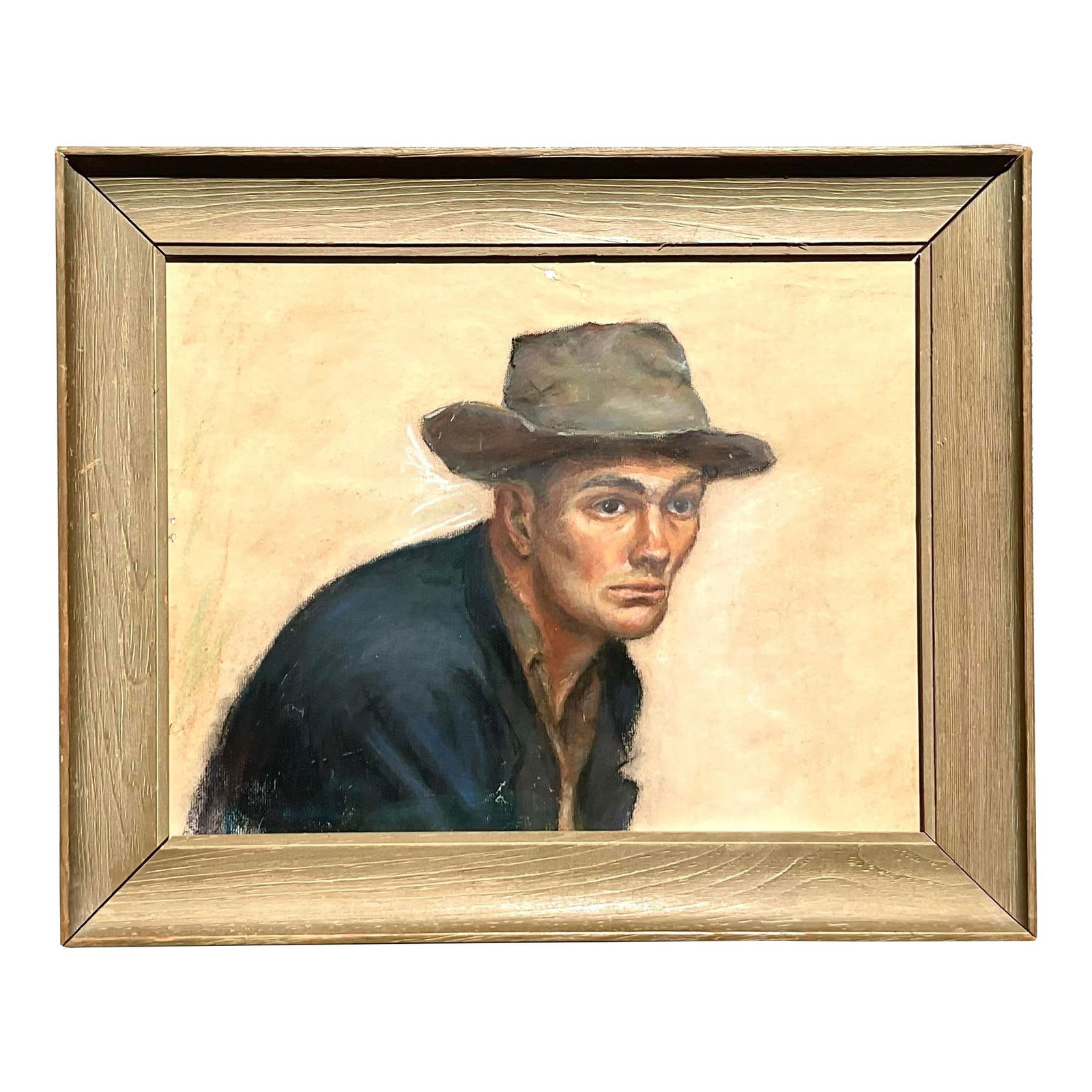 Vintage 1956 Pastel Painting Framed Young Man Palm Beach Estate: Vintage 1956 Pastel Painting Framed Young Man Palm Beach Estate This stunning vintage pastel oil painting from 1956 features a captivating composition of a young man in a hat. The artwork is framed un