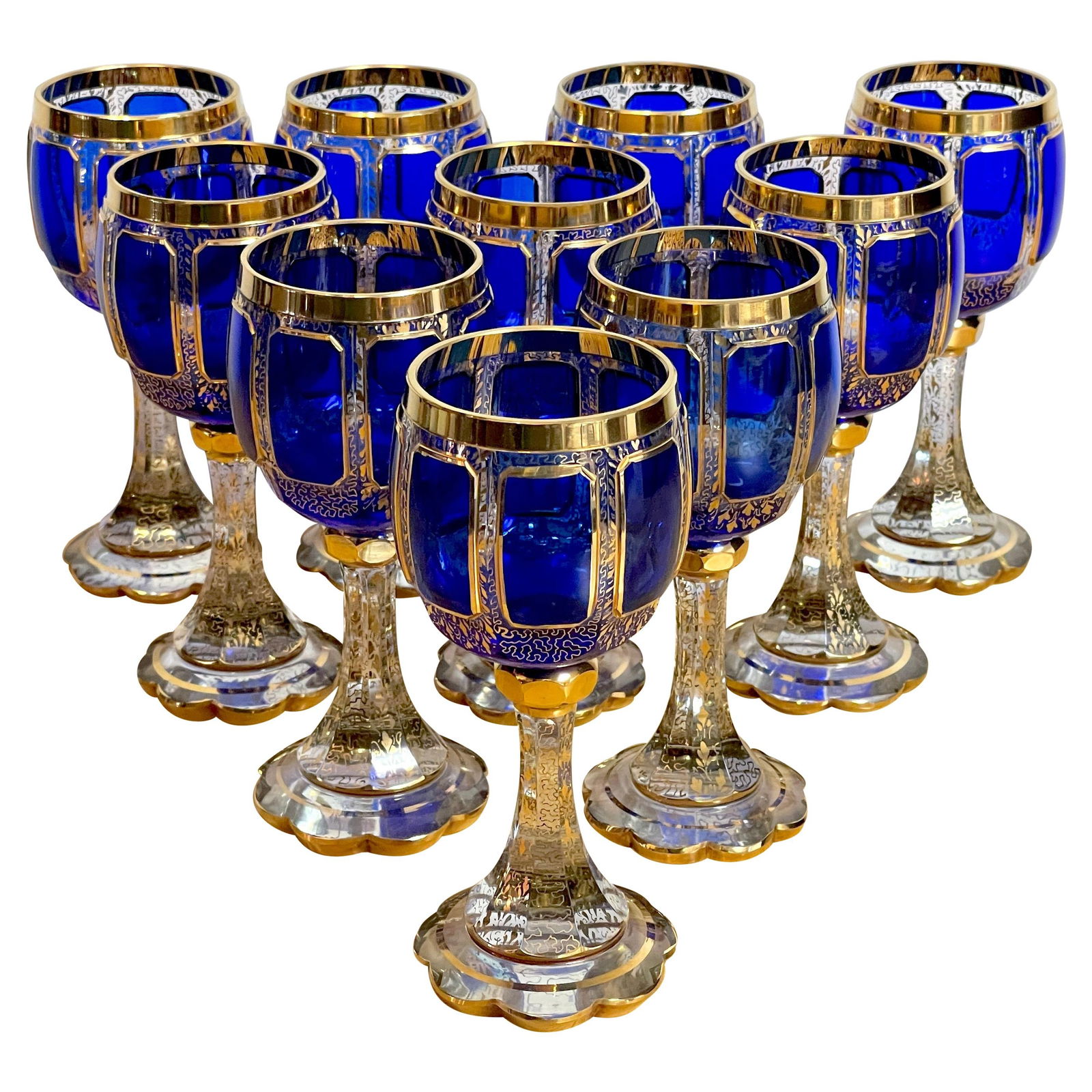 Set of 10 Moser Cobalt Gilt Enameled Goblets 1930s Czech Republic (1 of 17)