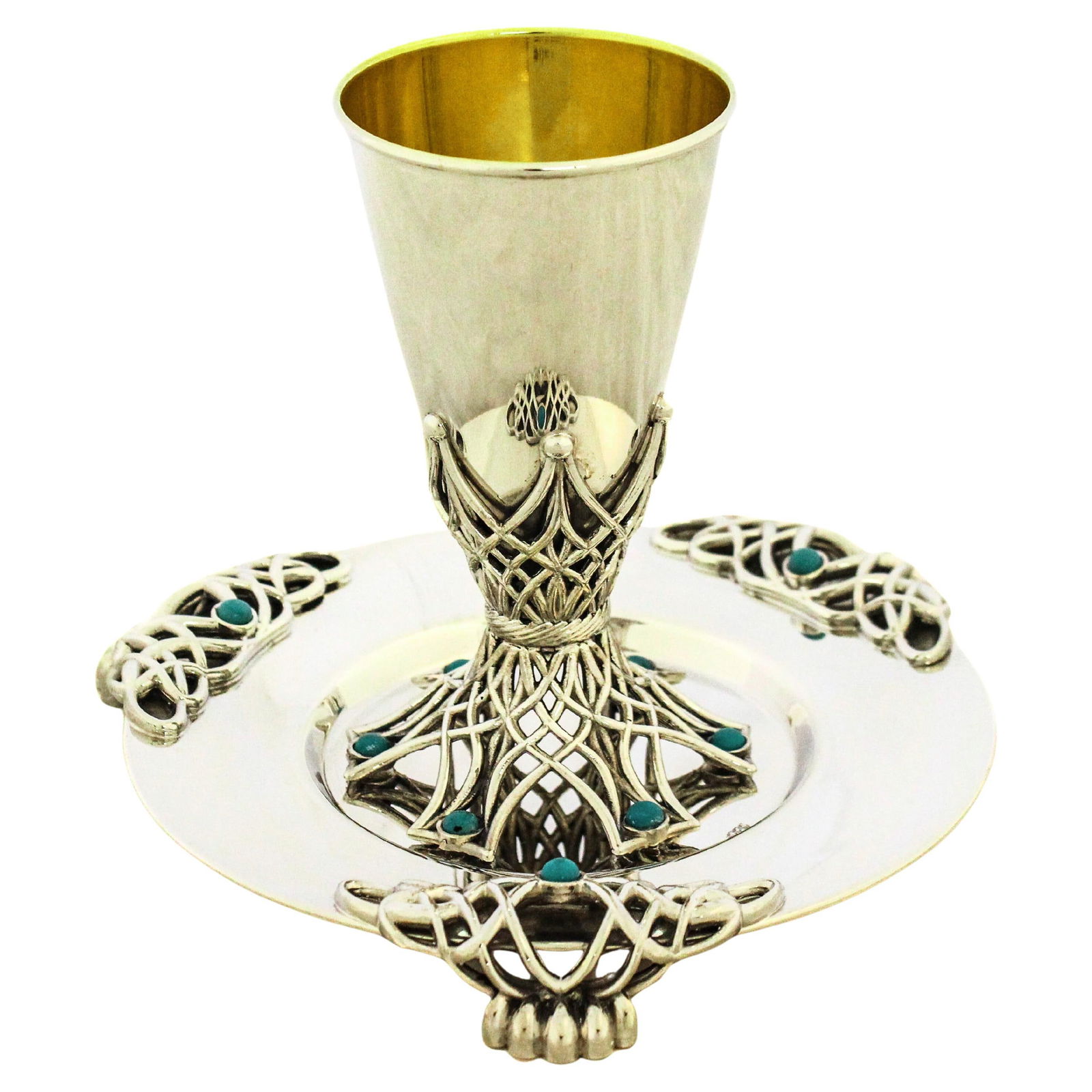Set of 2 Sterling Silver Kiddush Cup and Plate with Turquoise Accents: Set of 2 Sterling Silver Kiddush Cup and Plate with Turquoise Accents This sterling silver Kiddush cup and matching plate set showcases contemporary Israeli silversmithing inspired by ancient traditio