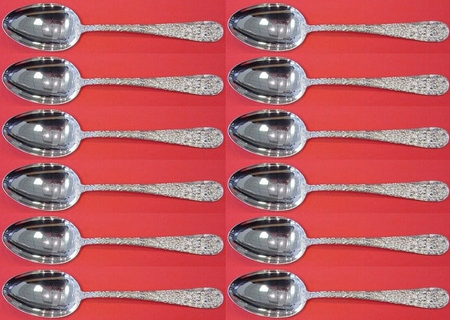 Stieff Rose Pattern Sterling Silver Soup Spoon Set 12 Pieces: Stieff Rose Pattern Sterling Silver Soup Spoon Set 12 Pieces This exquisite 12-piece set of place soup spoons from Stieff features the elegant "Rose" pattern, crafted from high-quality sterling silver