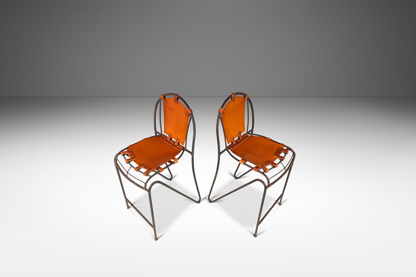 Rare Jacques Adnet Inspired Set of 2 Wrought Iron Barstools with Leather 1950s France (1 of 10)