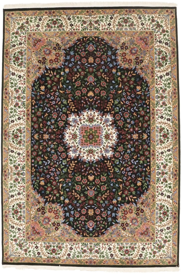 Hand-Knotted Black Wool Area Rug One-of-a-Kind Kirman Floral Pattern 5'11 x 8'8: Hand-Knotted Black Wool Area Rug One-of-a-Kind Kirman Floral Pattern 5'11 x 8'8 This one-of-a-kind black Kirman Oriental rug features a classic floral design and is hand-knotted from high-quality wool