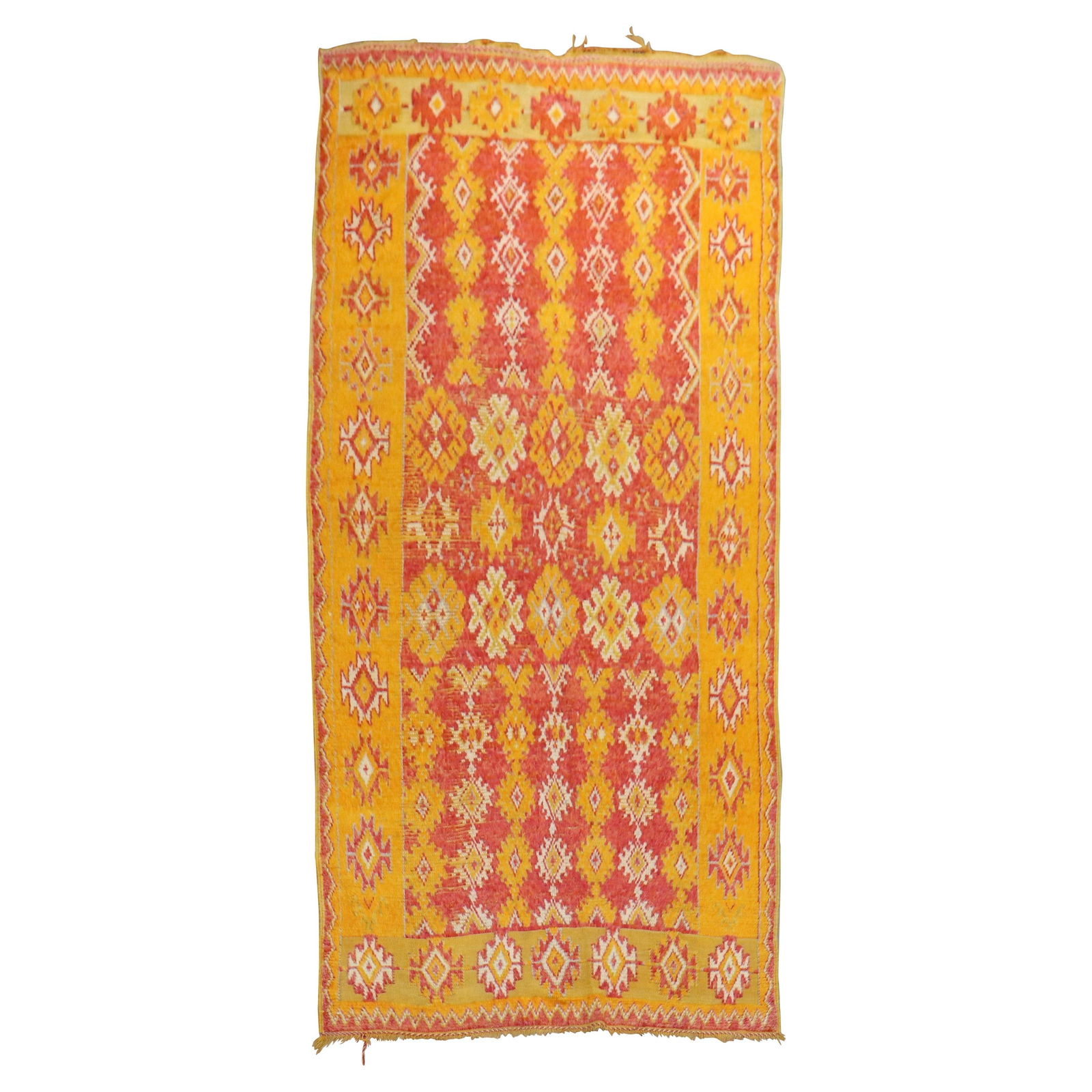Saffron Red Geometric Hand-Woven Moroccan Accent Rug 4'6 x 9'2: Saffron Red Geometric Hand-Woven Moroccan Accent Rug 4'6 x 9'2 Add a pop of color and style to your space with this one-of-a-kind Saffron Red Moroccan accent rug. Hand-woven from high-quality wool, th