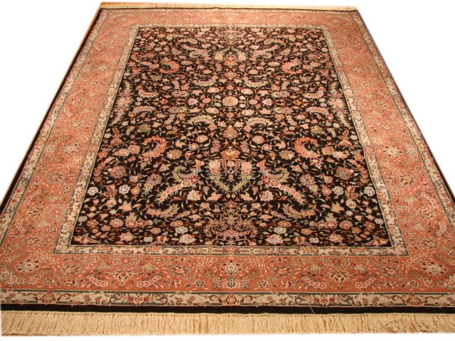 Luxurious 9 x 12 Black Wool Silk Sino Tabriz Handmade Rug: Luxurious 9 x 12 Black Wool Silk Sino Tabriz Handmade Rug Free continental US Shipping Elevate your living space with the exquisite 9 x 12 Black High-End Wool & Silk Sino Tabriz Rug. This luxurious ma