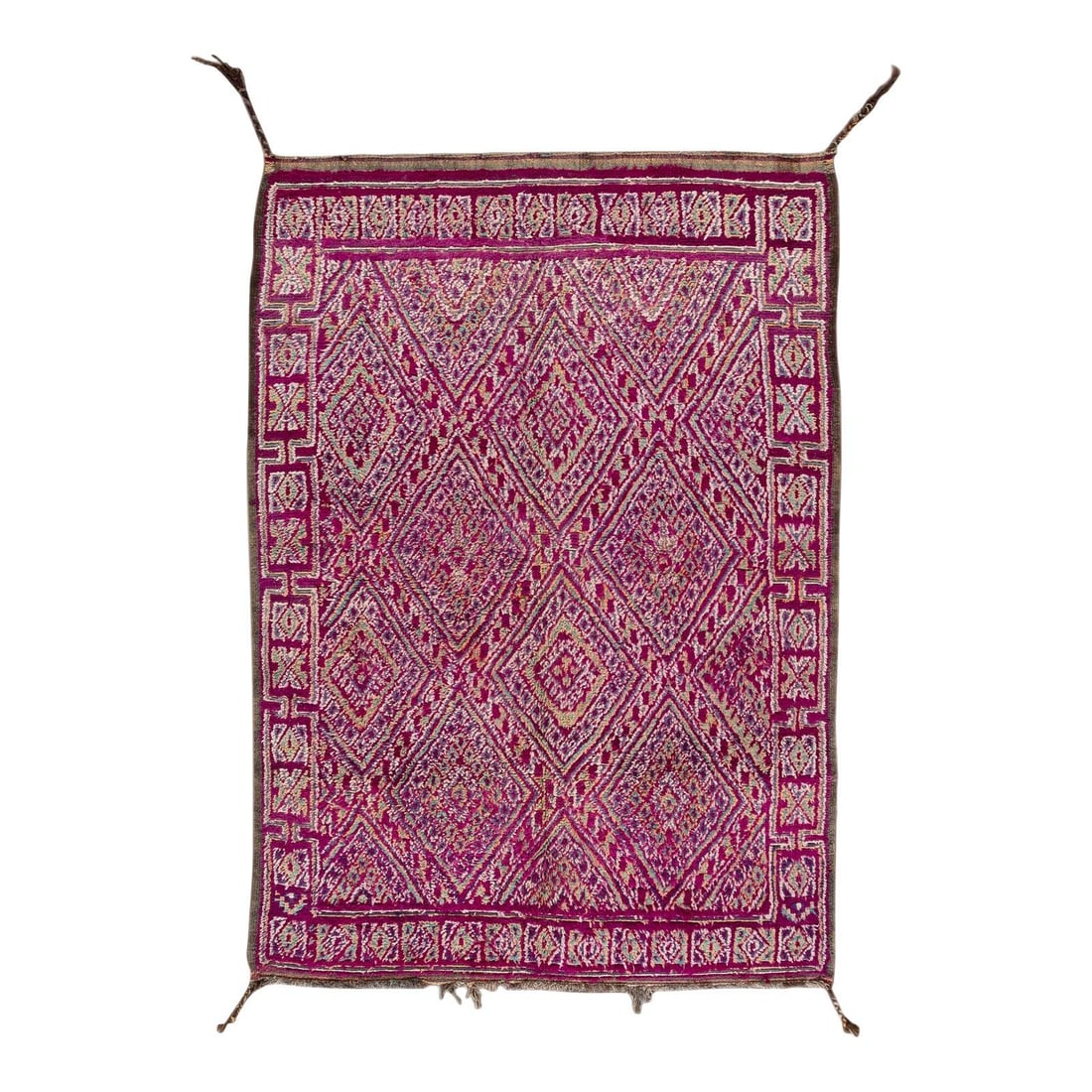 Vintage Mid-20th Century Dark Purple Moroccan Tribal Wool Rug 6'10 x 9'9: Vintage Mid-20th Century Dark Purple Moroccan Tribal Wool Rug 6'10 x 9'9 Discover the allure of this vintage hand-knotted wool rug, showcasing a rich purple field adorned with vibrant multicolored tri