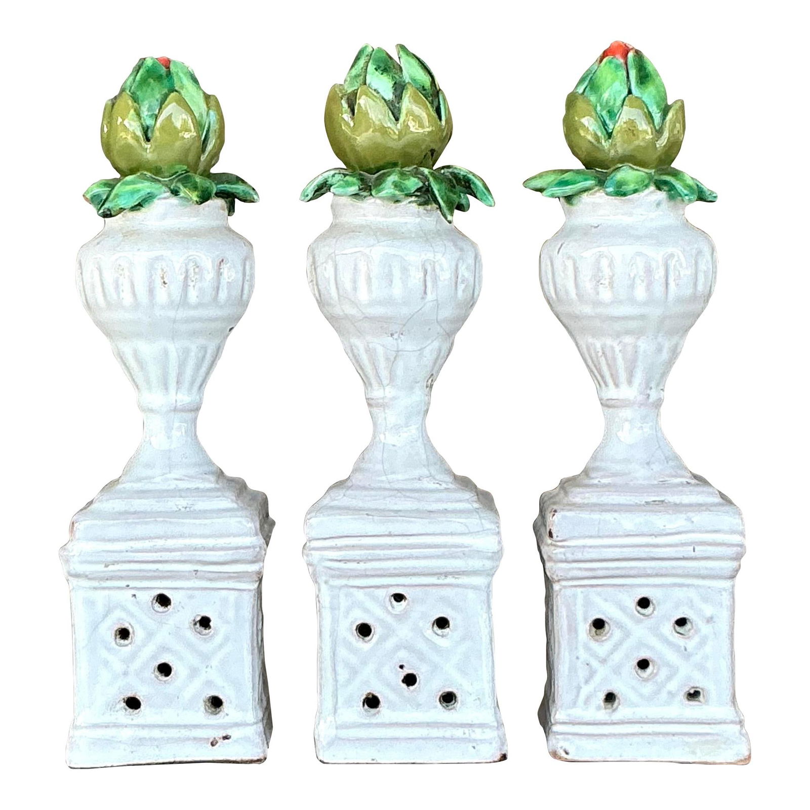 Vintage Boho Ceramic Rosebud Towers Set of 3 White Glossy Finish: Vintage Boho Ceramic Rosebud Towers Set of 3 White Glossy Finish Enhance your home decor with the Vintage Boho Glazed Ceramic Rosebud Towers. This set of three features exquisite intricate designs and