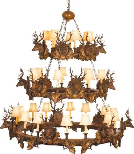 Hand-Cast 3-Tier Stag Head Chandelier 28 Lights Lodge Style: Hand-Cast 3-Tier Stag Head Chandelier 28 Lights Lodge Style Illuminate your space with this stunning Hand-Cast Stag Head Chandelier, featuring a unique 3-tier design that accommodates 28 lights. Craft
