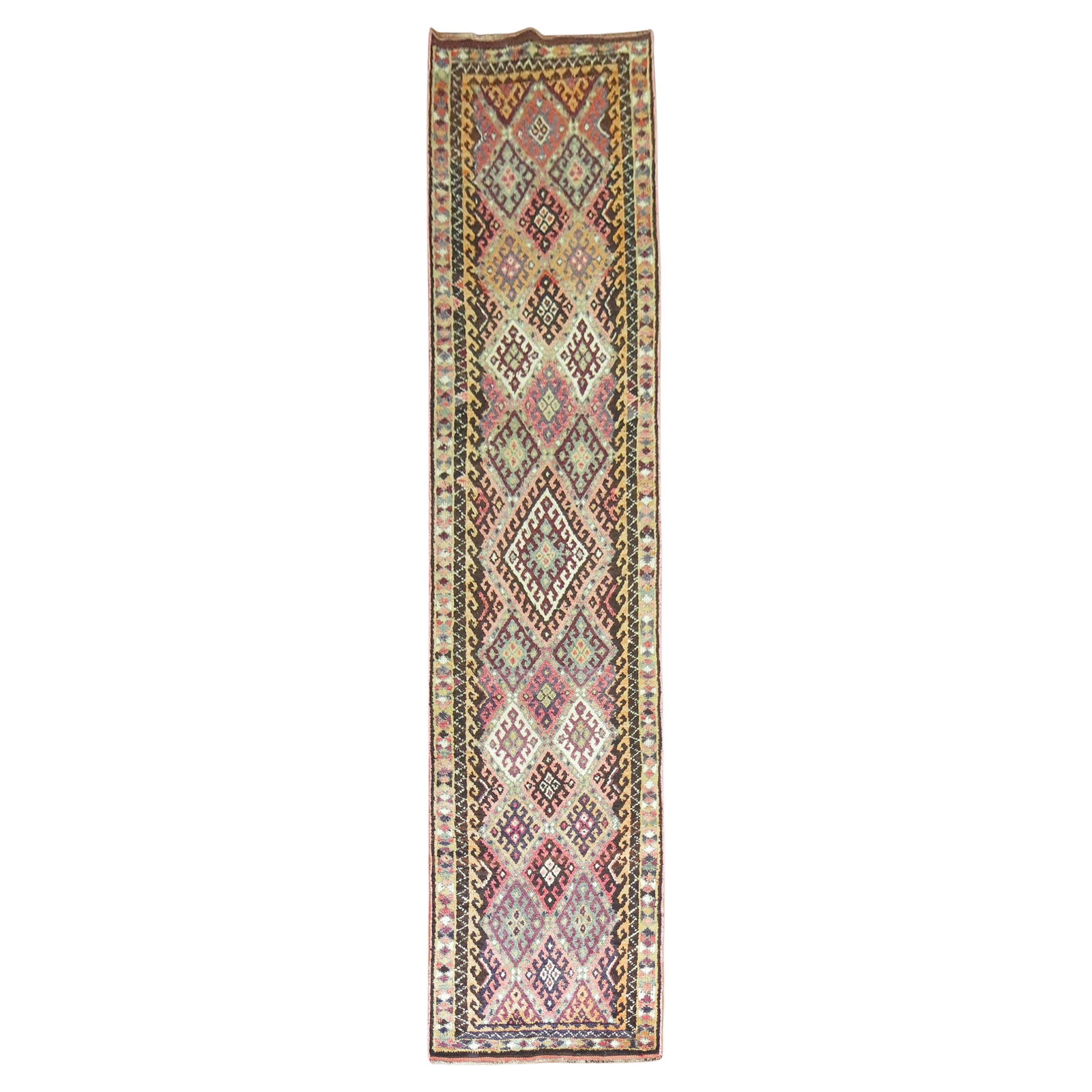 Zabihi Collection Bohemian 39x180 Hand-Knotted Turkish Runner: Zabihi Collection Bohemian 39x180 Hand-Knotted Turkish Runner Introducing a stunning long geometric Turkish runner from the Zabihi Collection, designed to elevate your interior space. This exquisite p