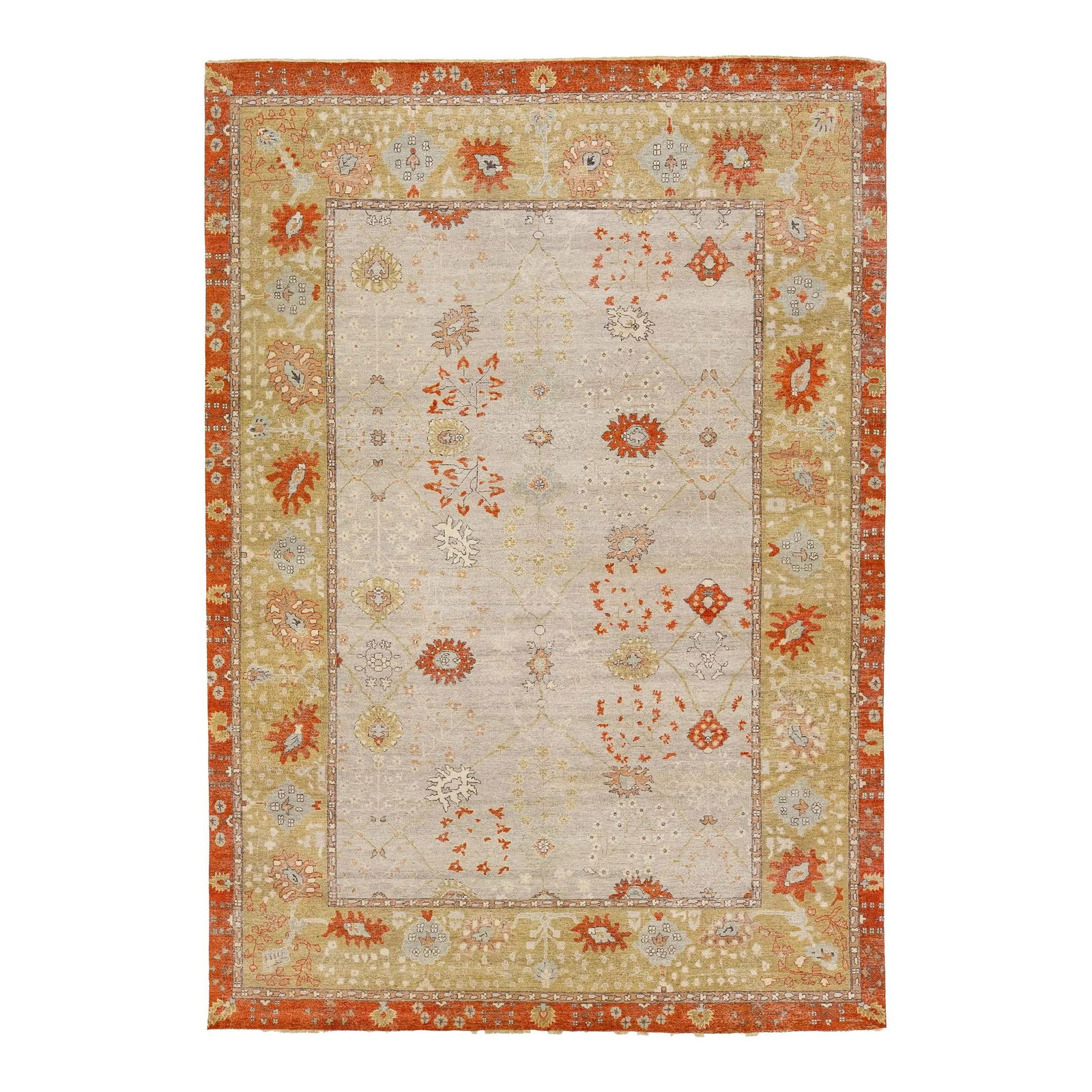 Elegant Modern Tabriz Wool Rug 9'9 x 13'11 in Gray Orange: Elegant Modern Tabriz Wool Rug 9'9 x 13'11 in Gray Orange Transform your living space with this exquisite Room Size Modern Tabriz Indian Wool Rug. Crafted from high-quality wool, this rug showcases a