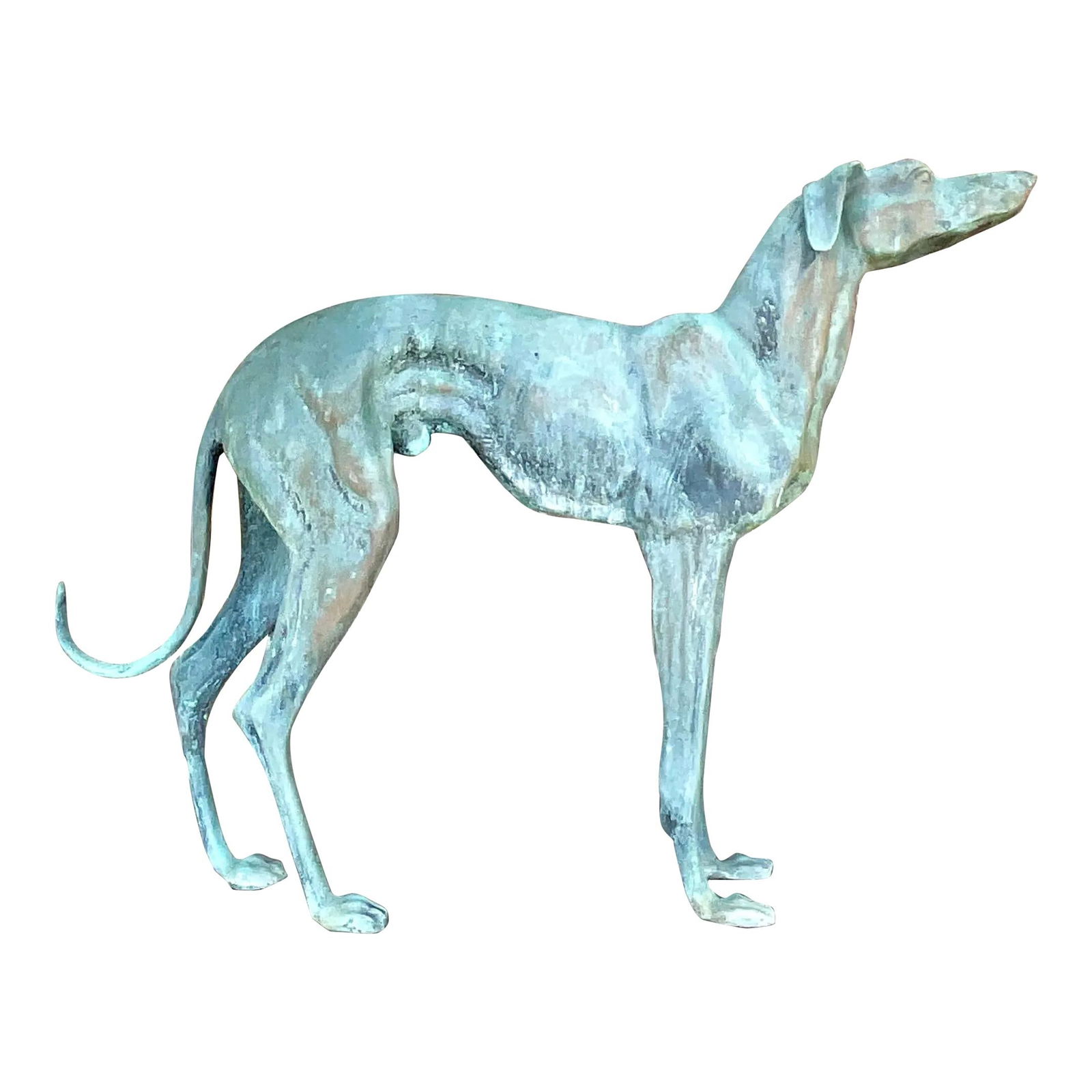 Vintage Boho Patinated Bronze Greyhound Sculpture 36.5 x 27.75 in: Vintage Boho Patinated Bronze Greyhound Sculpture 36.5 x 27.75 in Enhance your decor with this Vintage Boho Patinated Bronze Greyhound. This stunning piece showcases the elegant silhouette of a greyho