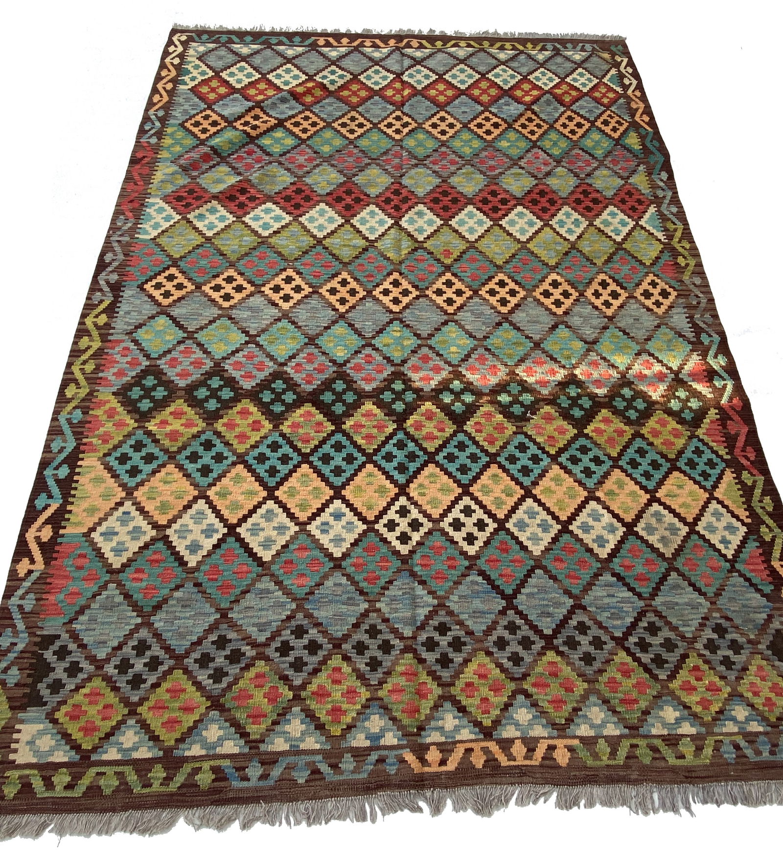 Handmade 7 x 10 Multi-Color Red Kilim Rug Organic Wool Geometric Design: Handmade 7 x 10 Multi-Color Red Kilim Rug Organic Wool Geometric Design Free continental US Shipping This exquisite 7 x 10 Multi-Color Red Kilim Rug showcases the rich heritage of handmade rugs crafte