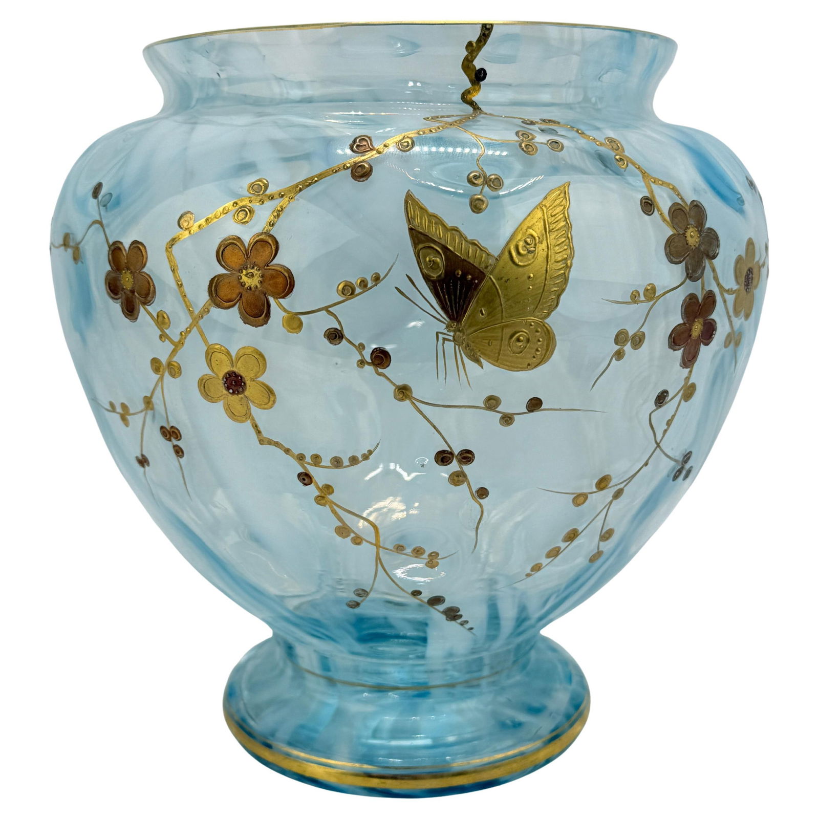 Harrach Bohemian Art Glass Vase C. 1900 Gilt Butterfly Floral Enamel: Harrach Bohemian Art Glass Vase C. 1900 Gilt Butterfly Floral Enamel This stunning Harrach Bohemian art glass vase showcases exquisite craftsmanship dating back to circa 1900. Crafted from delicate li
