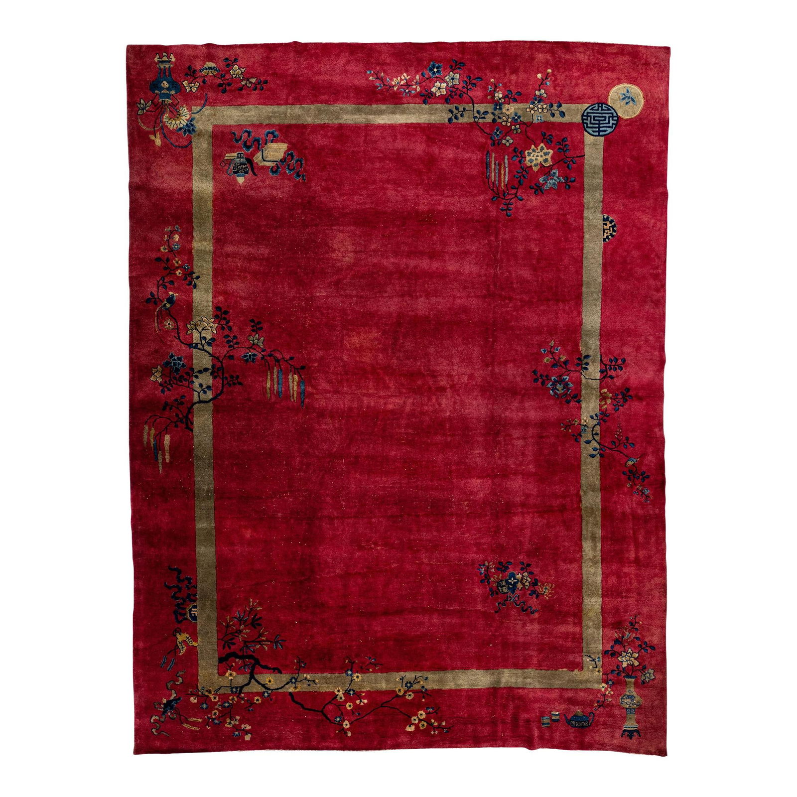 Antique Art Deco Chinese Wool Rug Red Floral Design 10'10 x 14'4 (1 of 10)