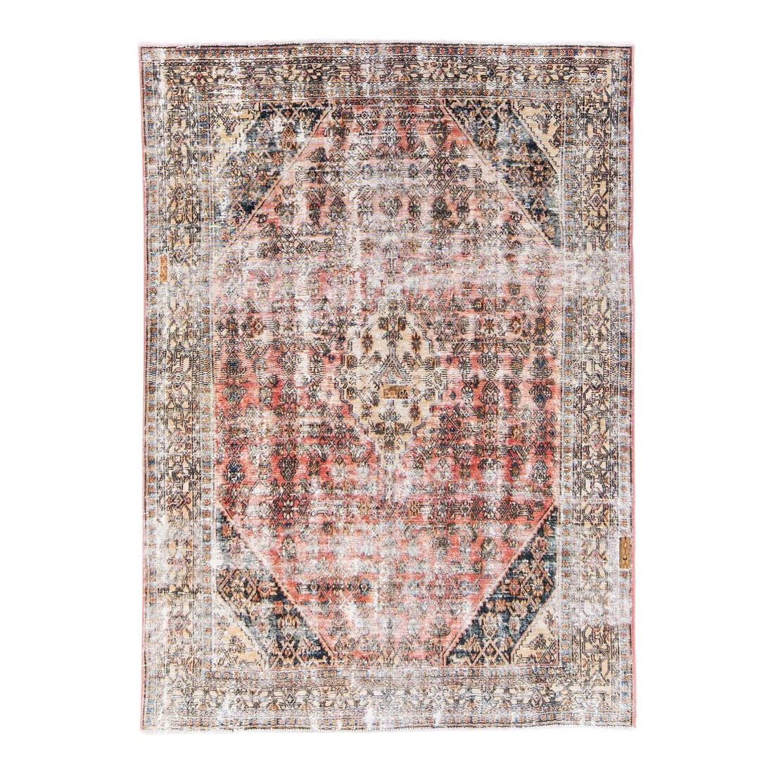 Vintage Hand-Knotted Peach Wool Medallion Rug 6'9 x 9'5: Vintage Hand-Knotted Peach Wool Medallion Rug 6'9 x 9'5 This stunning vintage distressed medallion rug is meticulously hand-knotted from high-quality wool, featuring a lovely peach field accented with
