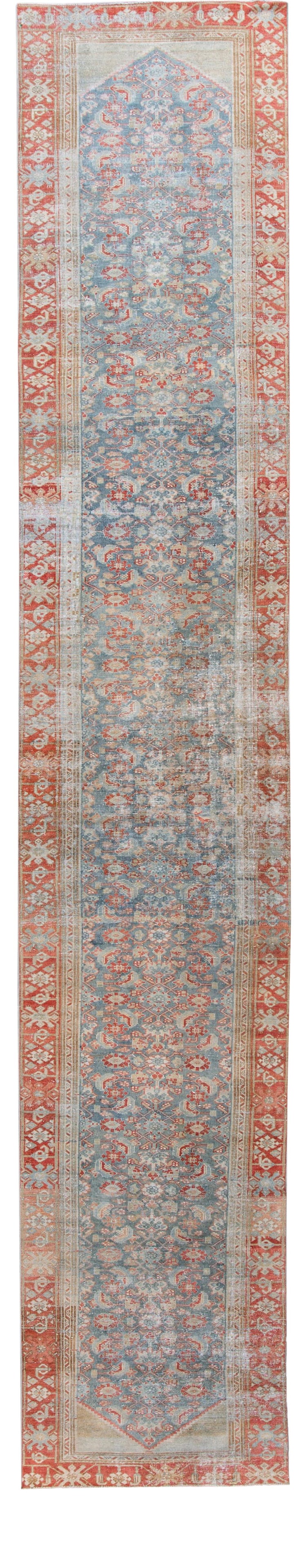 Handmade Blue Vintage Persian Malayer Wool Runner 3'1 x 16'8: Handmade Blue Vintage Persian Malayer Wool Runner 3'1 x 16'8 Enhance your space with this stunning vintage Persian Malayer runner, meticulously hand knotted from high-quality wool. Featuring a captiva