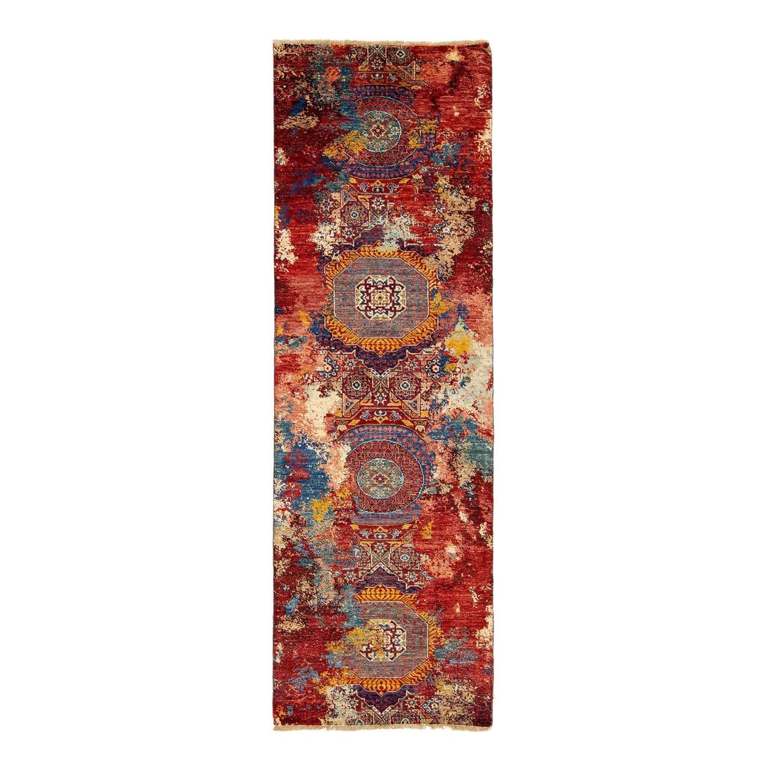 Handmade 3x8 Red Wool Rug with Tribal Design: Handmade 3x8 Red Wool Rug with Tribal Design Enhance your living space with this stunning hand-knotted transitional wool rug. Featuring a captivating tribal design, the rug boasts a vibrant red backgr
