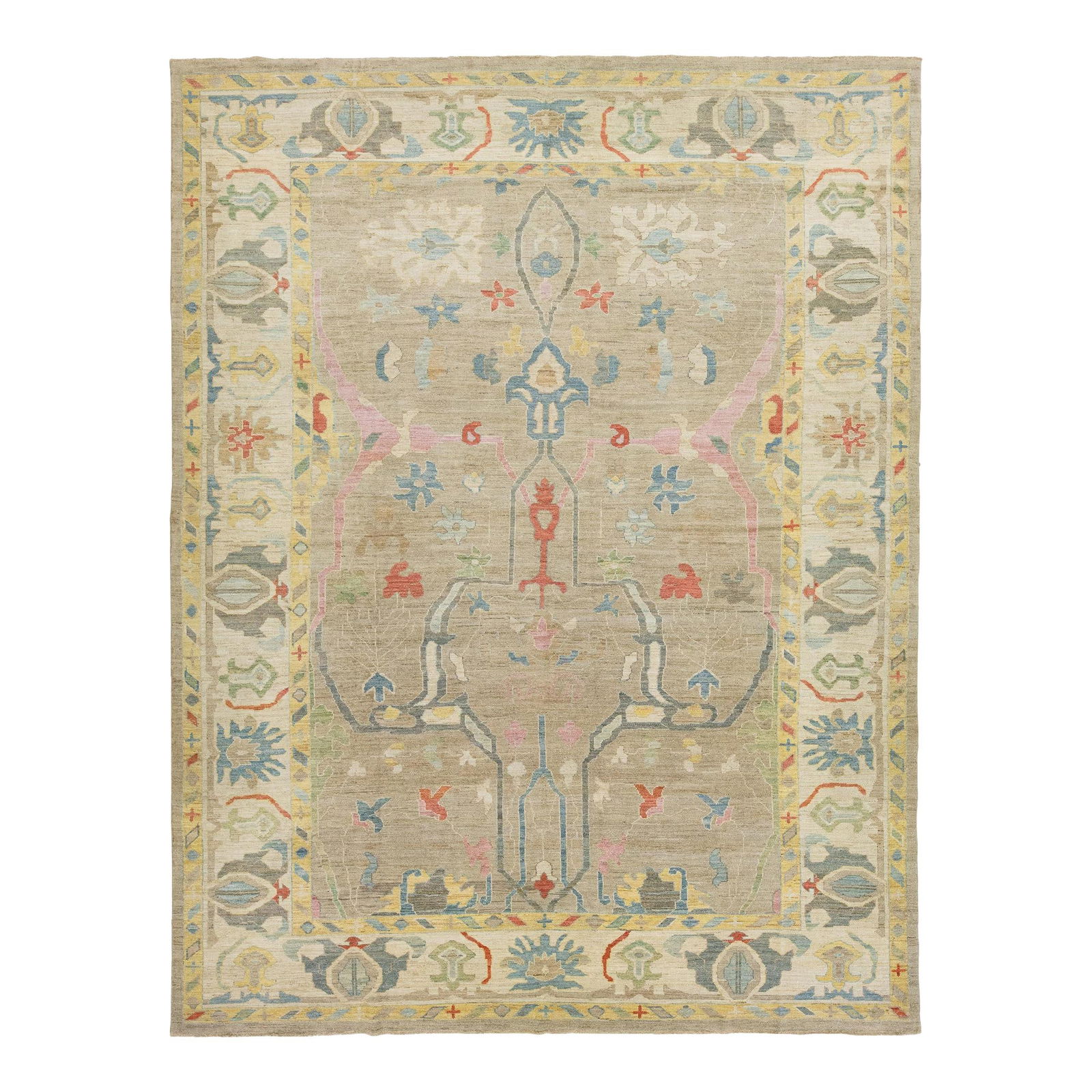 Handmade Wool Rug Light Brown Floral Design 11'11 x 15'6: Handmade Wool Rug Light Brown Floral Design 11'11 x 15'6 Elevate your living space with this exquisite hand-knotted wool rug featuring a light brown background beautifully accented by a vibrant floral
