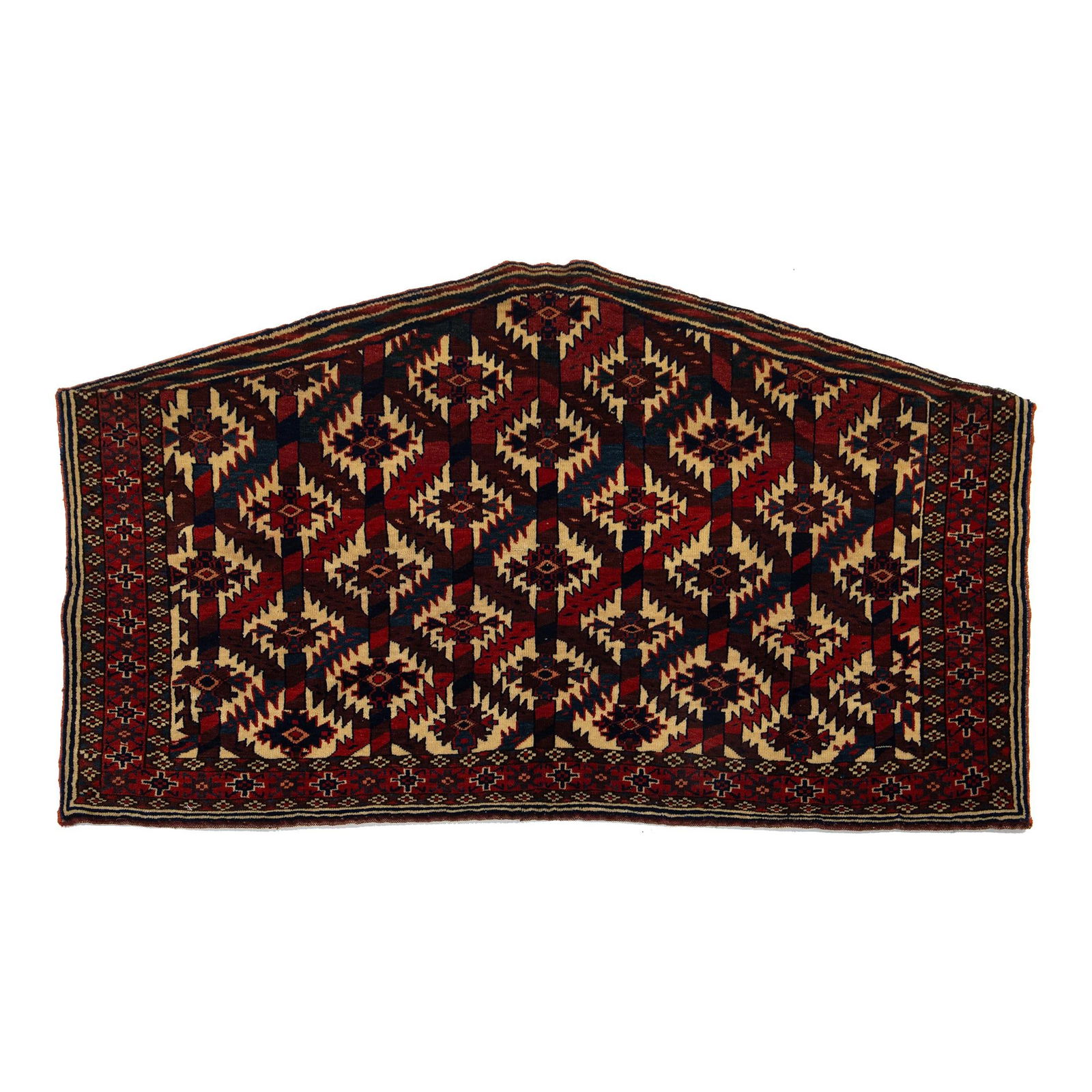 Antique 1900s Yamoud Wool Rug Burgundy Handmade Geometric Design: Antique 1900s Yamoud Wool Rug Burgundy Handmade Geometric Design This exquisite antique Afghan Yamoud wool rug features a rich burgundy color complemented by a striking geometric design in navy blue,