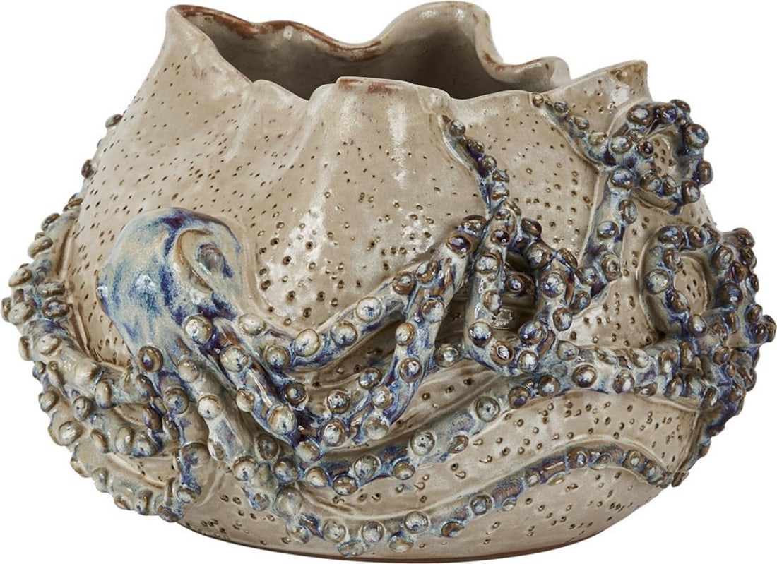 Stylish Blue Ceramic Bowl with Octopus Motif 8.5H x 12W x 12D (1 of 3)