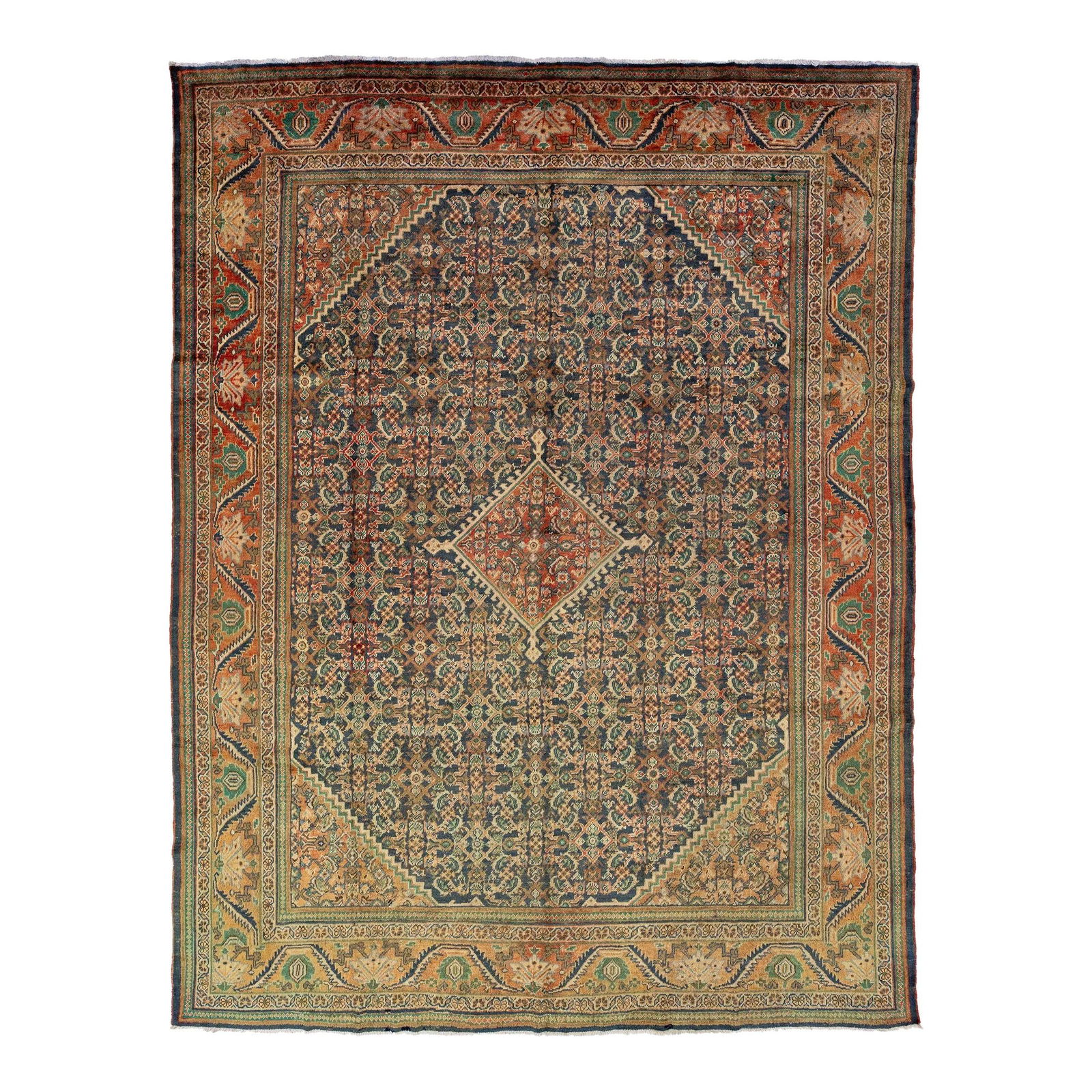 1960s Blue Persian Mahal Handmade Wool Medallion Rug 10'5" x 13'7": 1960s Blue Persian Mahal Handmade Wool Medallion Rug 10'5" x 13'7" This exquisite Vintage Persian Mahal Handmade rug features a striking blue field adorned with a captivating all-over design in multic