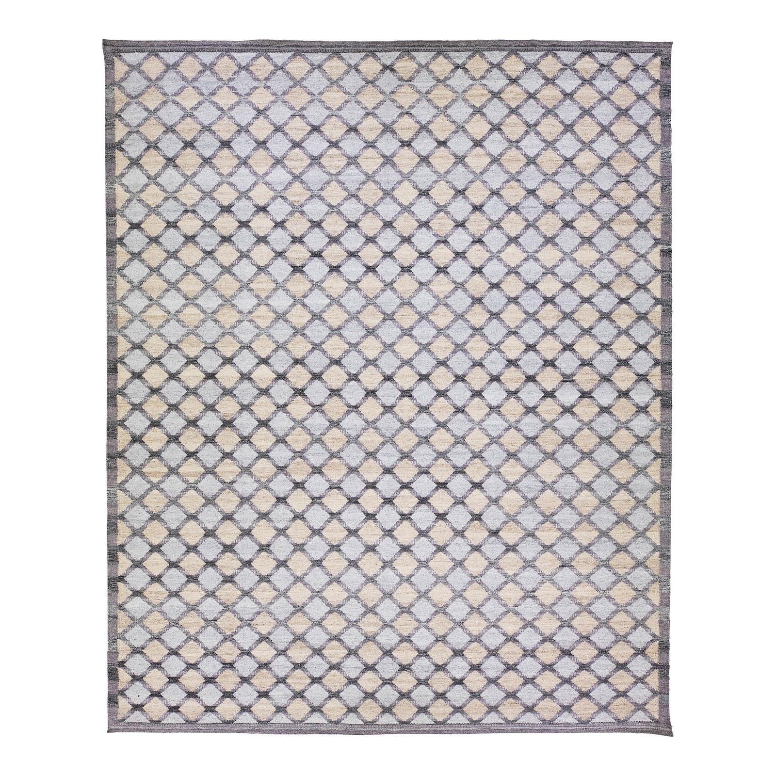 Handmade Gray Wool Rug Swedish Style Geometric Design 12'2 x 14'10: Handmade Gray Wool Rug Swedish Style Geometric Design 12'2 x 14'10 Enhance your living space with this exquisite modern Swedish-style handmade wool rug. Featuring a sophisticated gray field complement