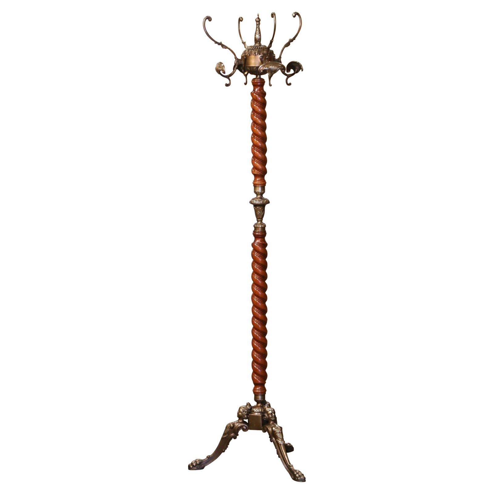 Vintage French Walnut Barley Twist Hall Tree with Brass Hooks (1 of 8)
