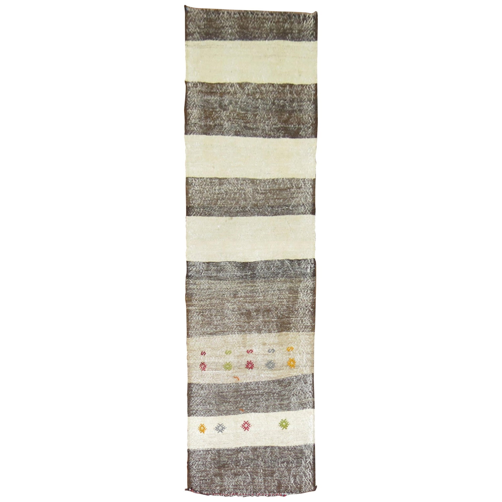 Unique Mid-20th Century Turkish Kilim Runner Hand-Woven Wool 27 x 82: Unique Mid-20th Century Turkish Kilim Runner Hand-Woven Wool 27 x 82 This exquisite Shabby Vintage Turkish Kilim Runner showcases the beauty of organic modern design. Hand-woven from high-quality wool