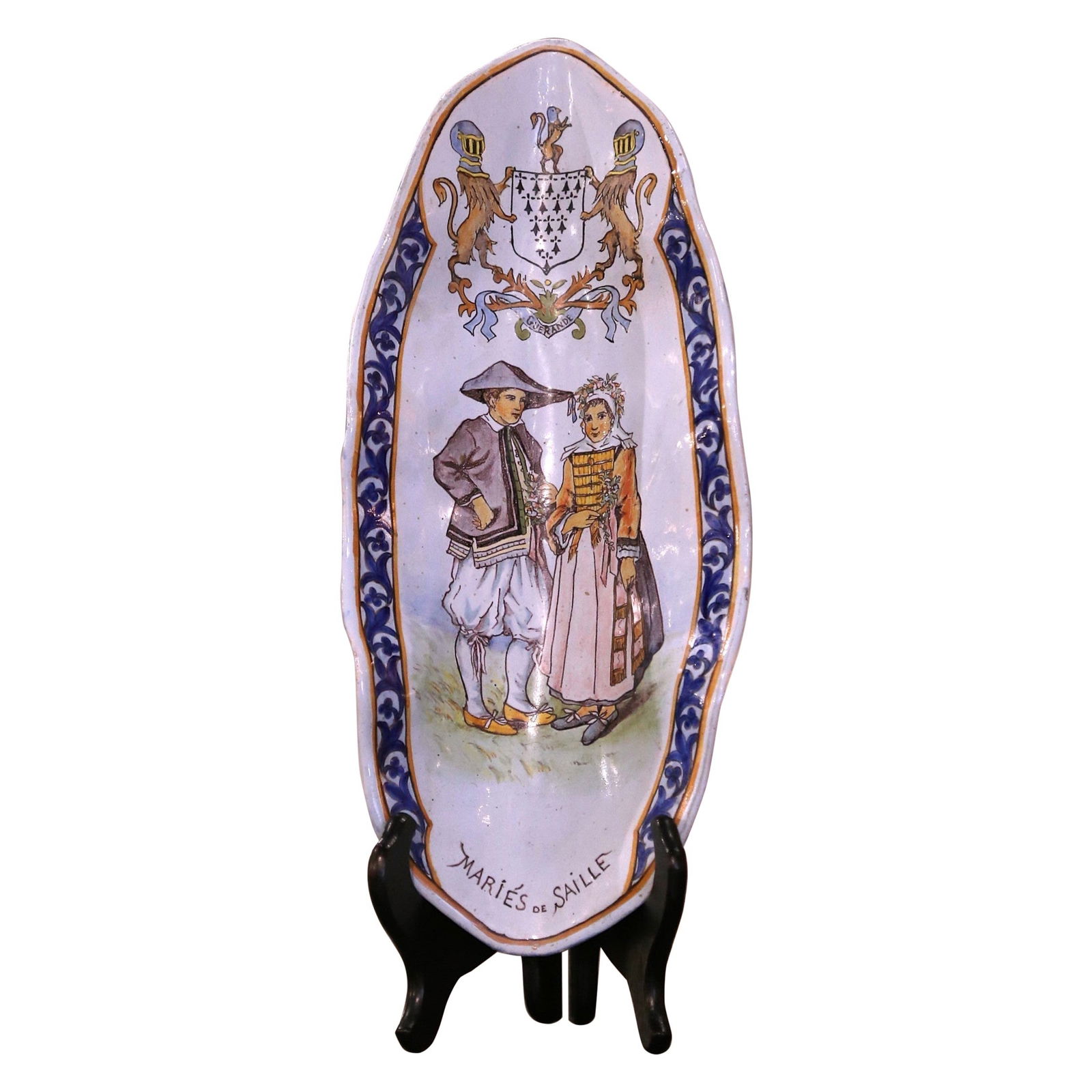 19th Century Hand-Painted Faience Porquier Beau Quimper Dish with Breton Couple (1 of 7)