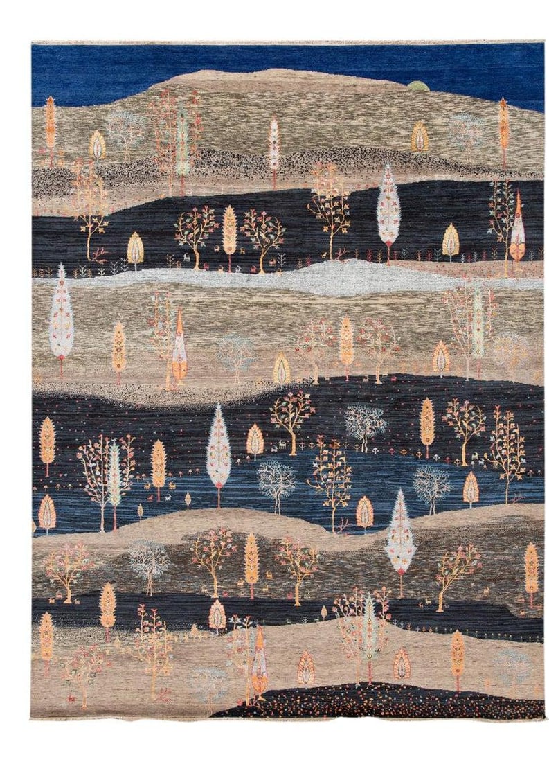 Contemporary Gabbeh Style Wool Rug 9' x 11'10: Contemporary Gabbeh Style Wool Rug 9' x 11'10 Enhance your living space with this stunning contemporary Gabbeh rug, featuring a harmonious blend of tan and blue tones complemented by a vibrant all-ove