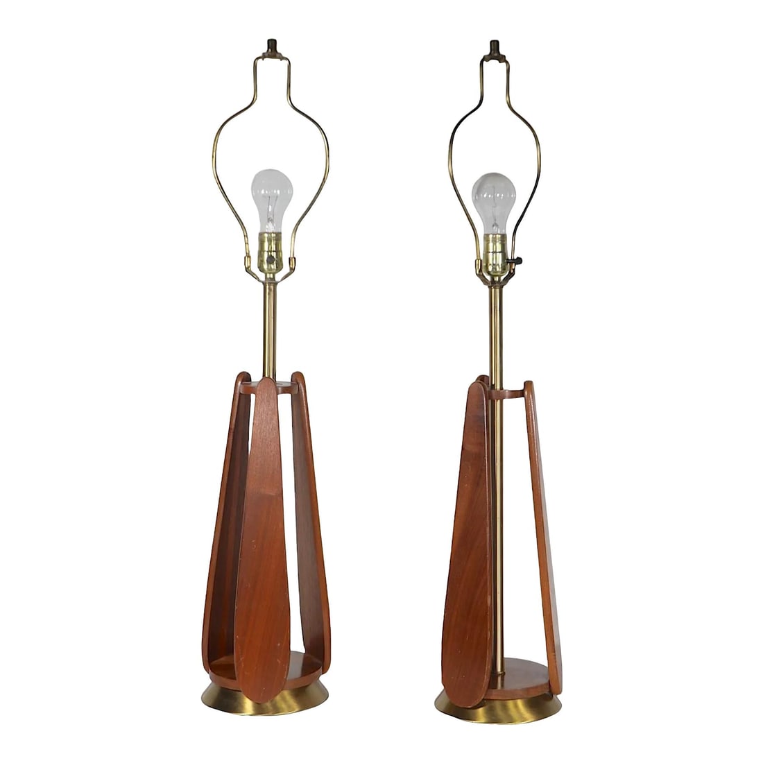 Mid Century Walnut and Brass Table Lamps Pair: Mid Century Walnut and Brass Table Lamps Pair This exquisite pair of mid-century table lamps features elegant walnut wood slats mounted on a sleek brass base, complemented by brass fitments. The desig