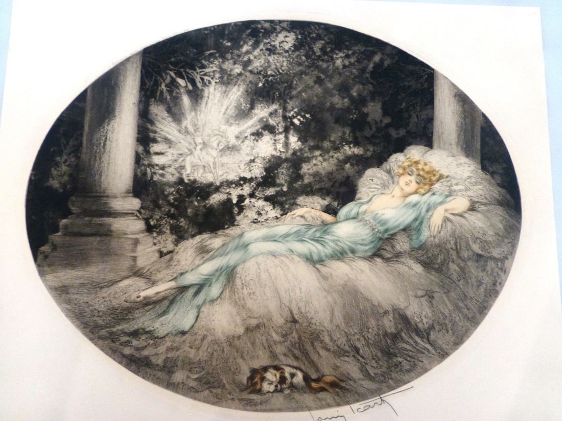 Louis Icart Art Deco Print Sleeping Beauty Signed 1927: Louis Icart Art Deco Print Sleeping Beauty Signed 1927 Experience the elegance of the Art Deco era with 'Sleeping Beauty' by Louis Icart, a renowned French artist celebrated for his exquisite etchings