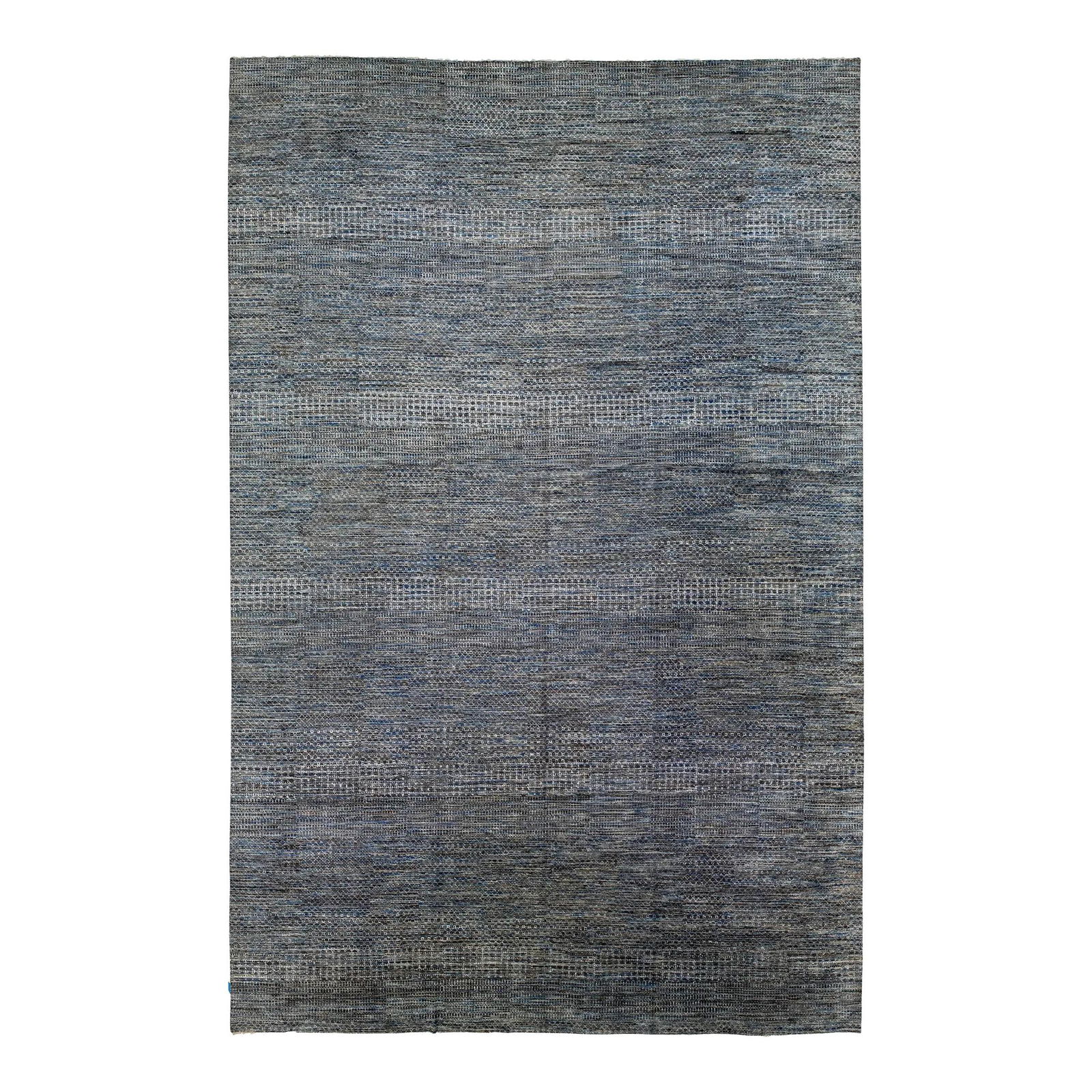 Handmade Wool Rug Gray Blue Geometric Design 16'3 x 24'10: Handmade Wool Rug Gray Blue Geometric Design 16'3 x 24'10 Enhance your space with this exquisite hand-knotted wool rug, featuring a contemporary geometric design. The stunning gray field is adorned wi