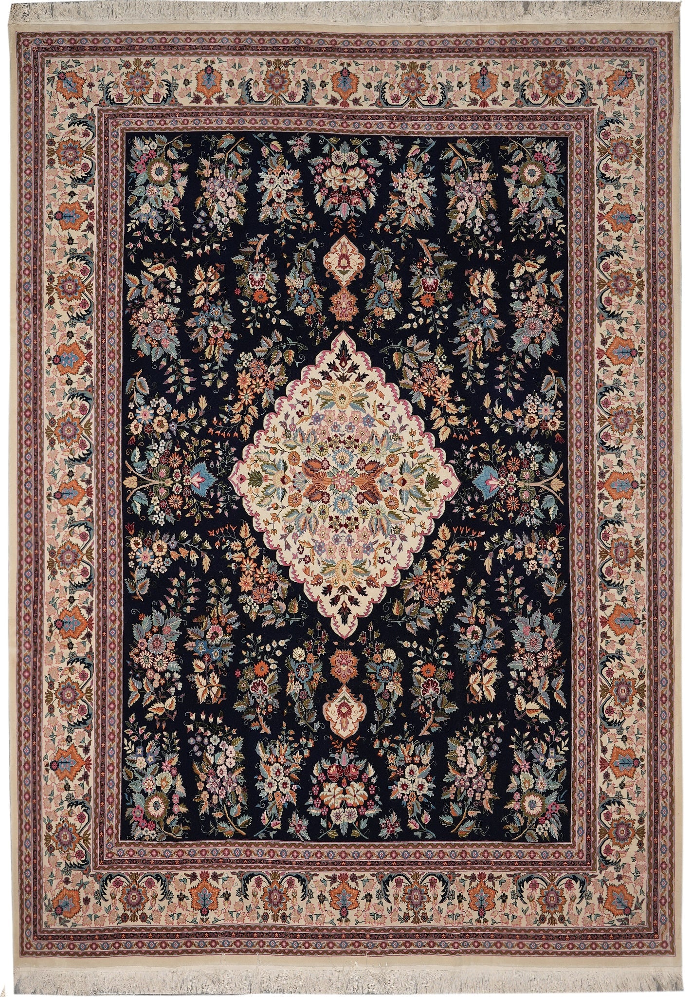 Handmade 9' x 12' Sino Tabriz Wool Rug in Dark Blue: Handmade 9' x 12' Sino Tabriz Wool Rug in Dark Blue Free continental US Shipping Enhance your living space with this exquisite handmade wool carpet, measuring 9 x 12 feet. Its rich dark blue color add