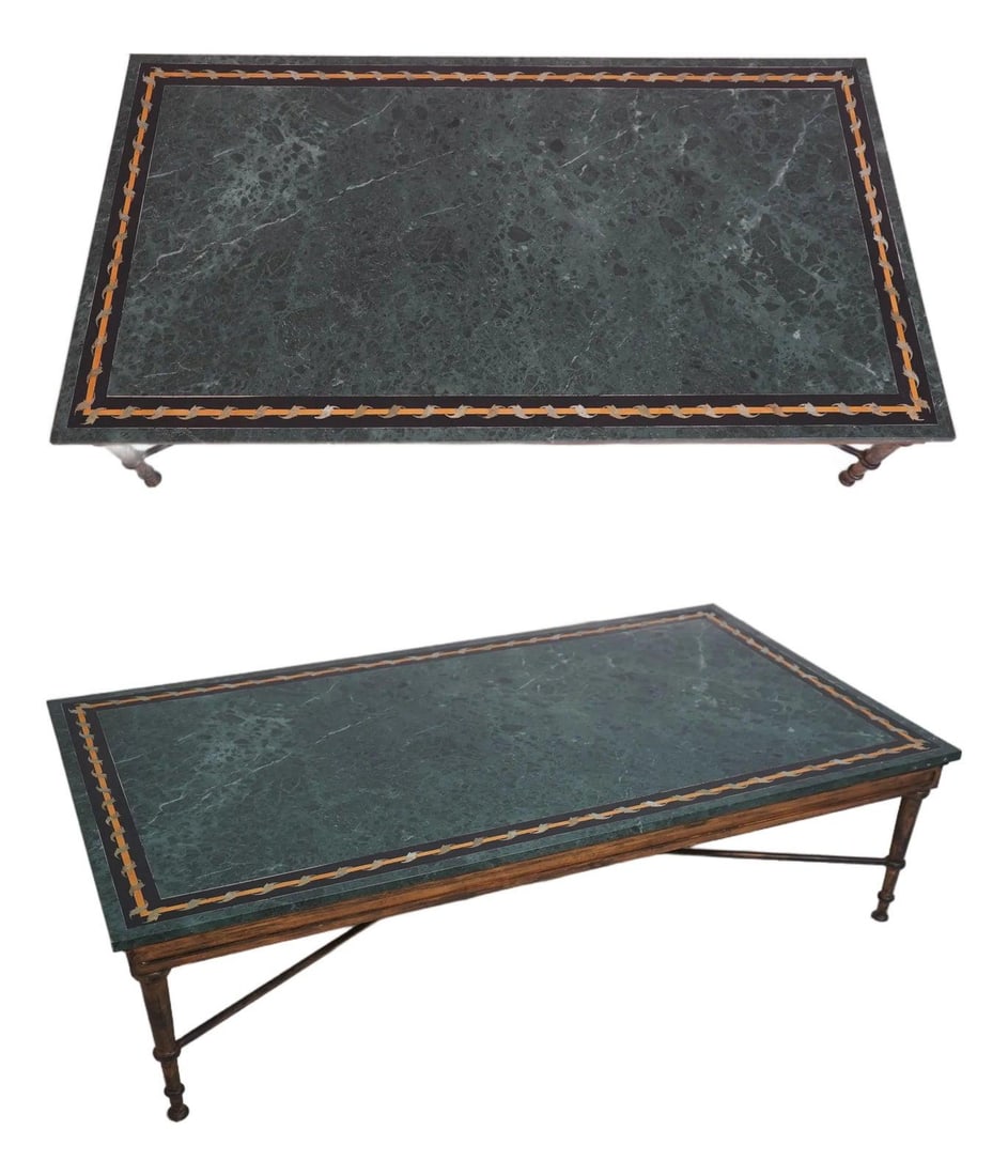 Neoclassical Marble Coffee Table With Gold Finish Iron Frame and Pietra Dura Inlay (1 of 10)