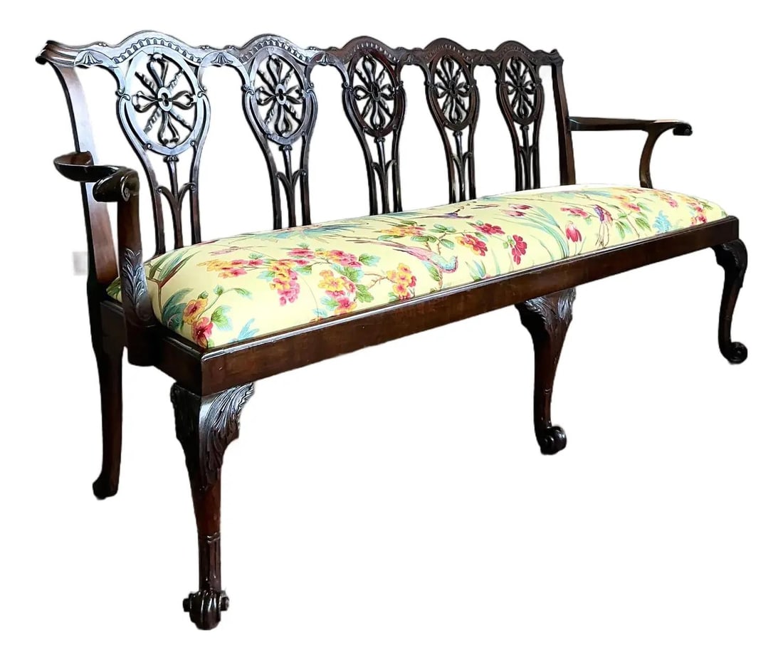 Vintage Georgian Mahogany Bench Scalamandre Flora Upholstery (1 of 10)
