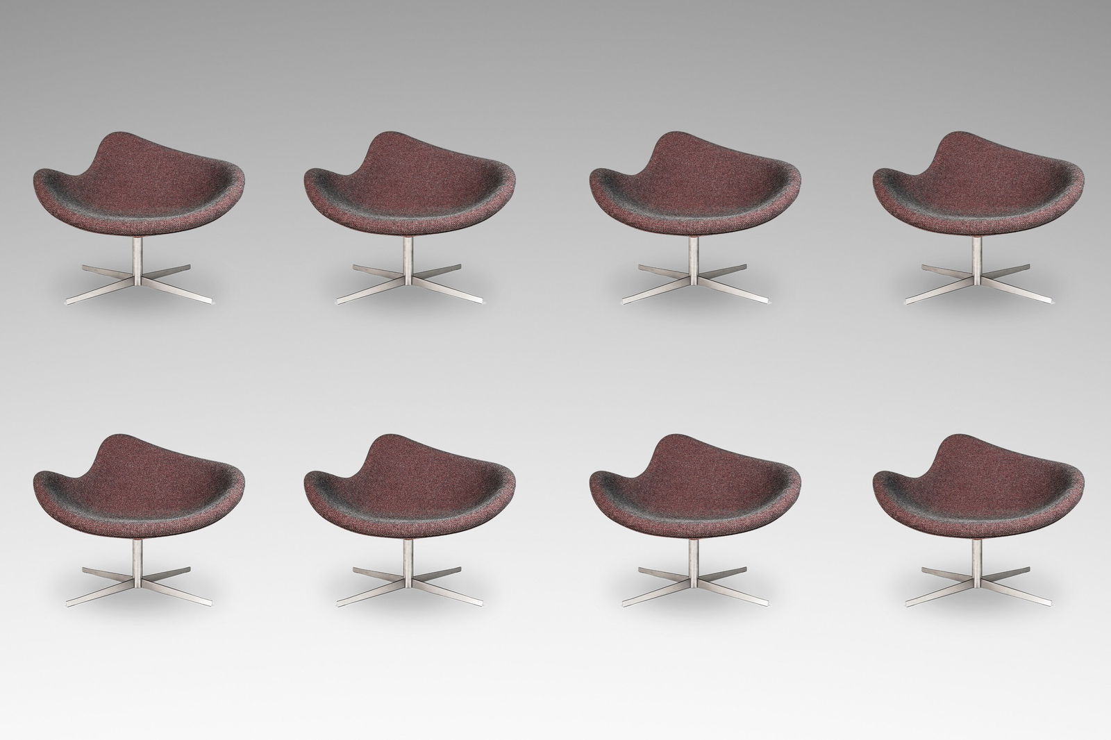 Set of 8 Postmodern K2 Magenta Swivel Chairs by Busk & Hertzog for Hightower: Set of 8 Postmodern K2 Magenta Swivel Chairs by Busk & Hertzog for Hightower Elevate your space with this stunning set of eight Postmodern "K2" chairs, designed by the renowned Danish duo Flemming Bus