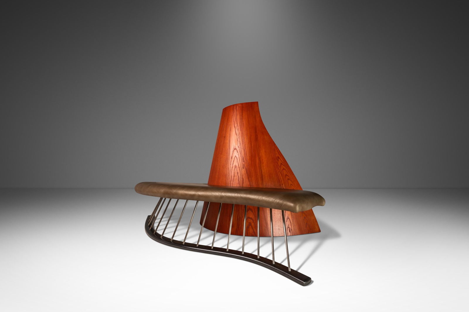 Unique Post Modern Art Deco Serpentine Bench Sofa in Oak and Leather by Thomas Stender 1980s: Unique Post Modern Art Deco Serpentine Bench Sofa in Oak and Leather by Thomas Stender 1980s Presenting a stunning Post Modern Art Deco Serpentine Asymmetrical Bench/Sofa inspired by the work of Thoma