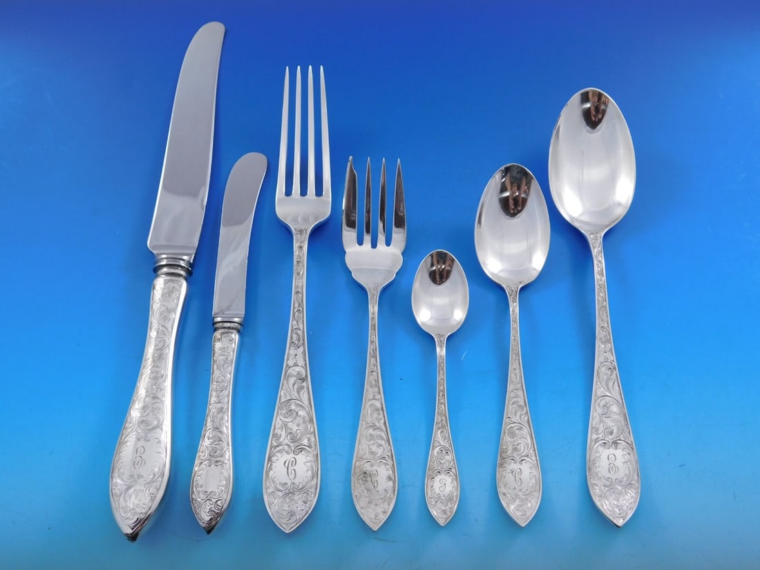 Birks Tudor Scroll Sterling Silver Flatware Set 62 Pieces Service for 8: Birks Tudor Scroll Sterling Silver Flatware Set 62 Pieces Service for 8 Presenting the exquisite Tudor Scroll Sterling Silver Flatware Set by Birks, designed to elevate your dining experience. This st