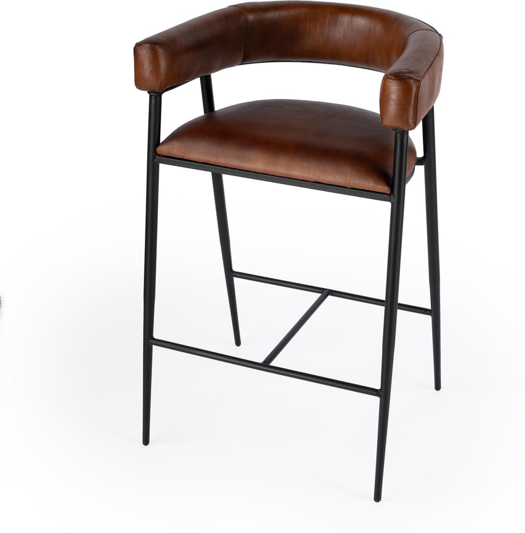 Transitional Style Bar Stool with Goat Leather Seat and Teak Rattan Frame (1 of 8)