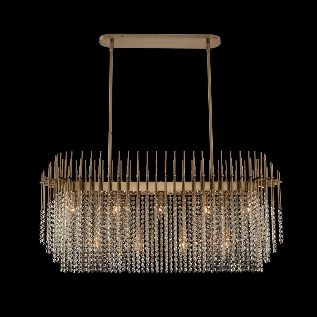 Kalco Estrella 42 Inch Island Light Brushed Champagne Gold Crystal: Kalco Estrella 42 Inch Island Light Brushed Champagne Gold Crystal Illuminate your space with the Estrella 42 Inch Elegance Light Fixture, designed to bring a touch of casual luxury to your home. This