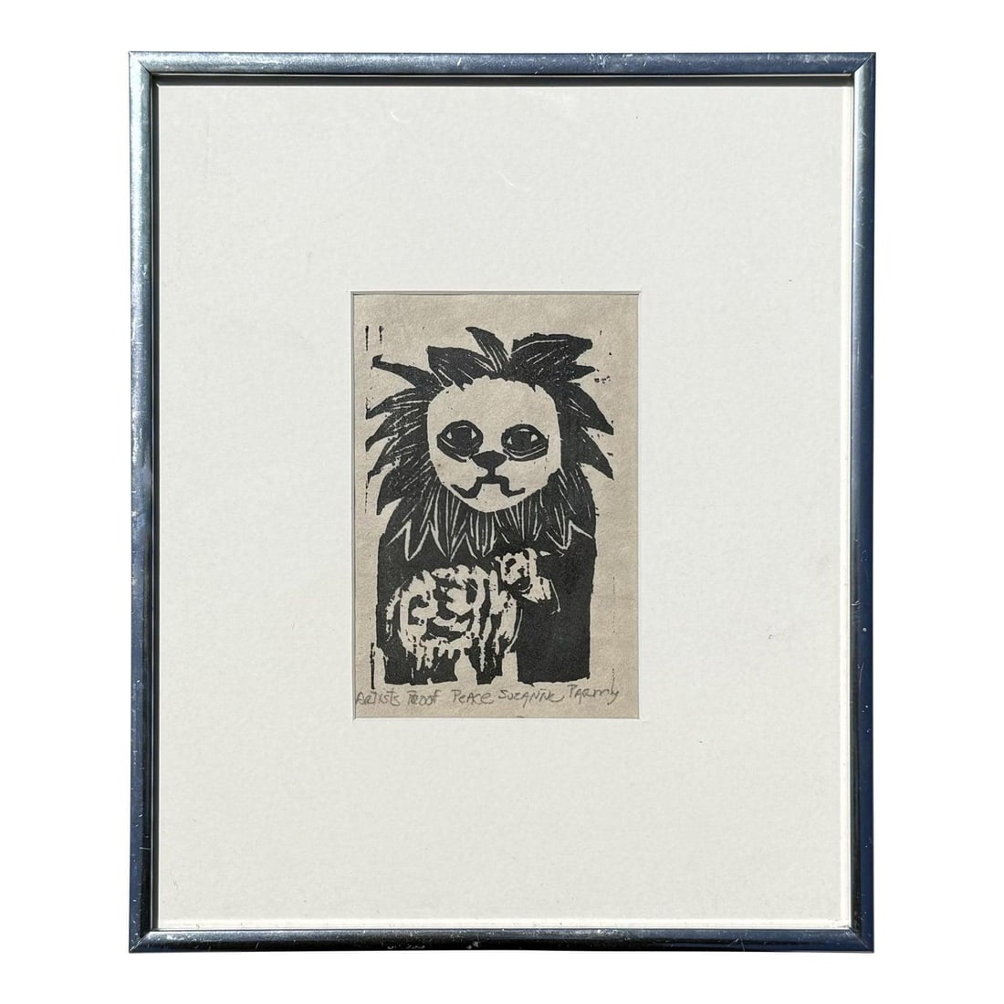 Mid Century Abstract Lion Linocut Artist Proof Signed Peace Sunshine Tranquil: Mid Century Abstract Lion Linocut Artist Proof Signed Peace Sunshine Tranquil This vintage boho abstract linocut print on paper features a black-and-white depiction of a wide-eyed lion with a stylized