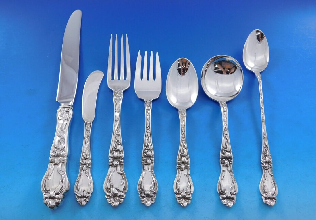 Frank M. Whiting Lily Sterling Silver Flatware Set 92 pcs for 12 Art Nouveau: Frank M. Whiting Lily Sterling Silver Flatware Set 92 pcs for 12 Art Nouveau Experience the elegance of the Art Nouveau era with this exquisite Sterling Silver Flatware Set from Frank M. Whiting, feat