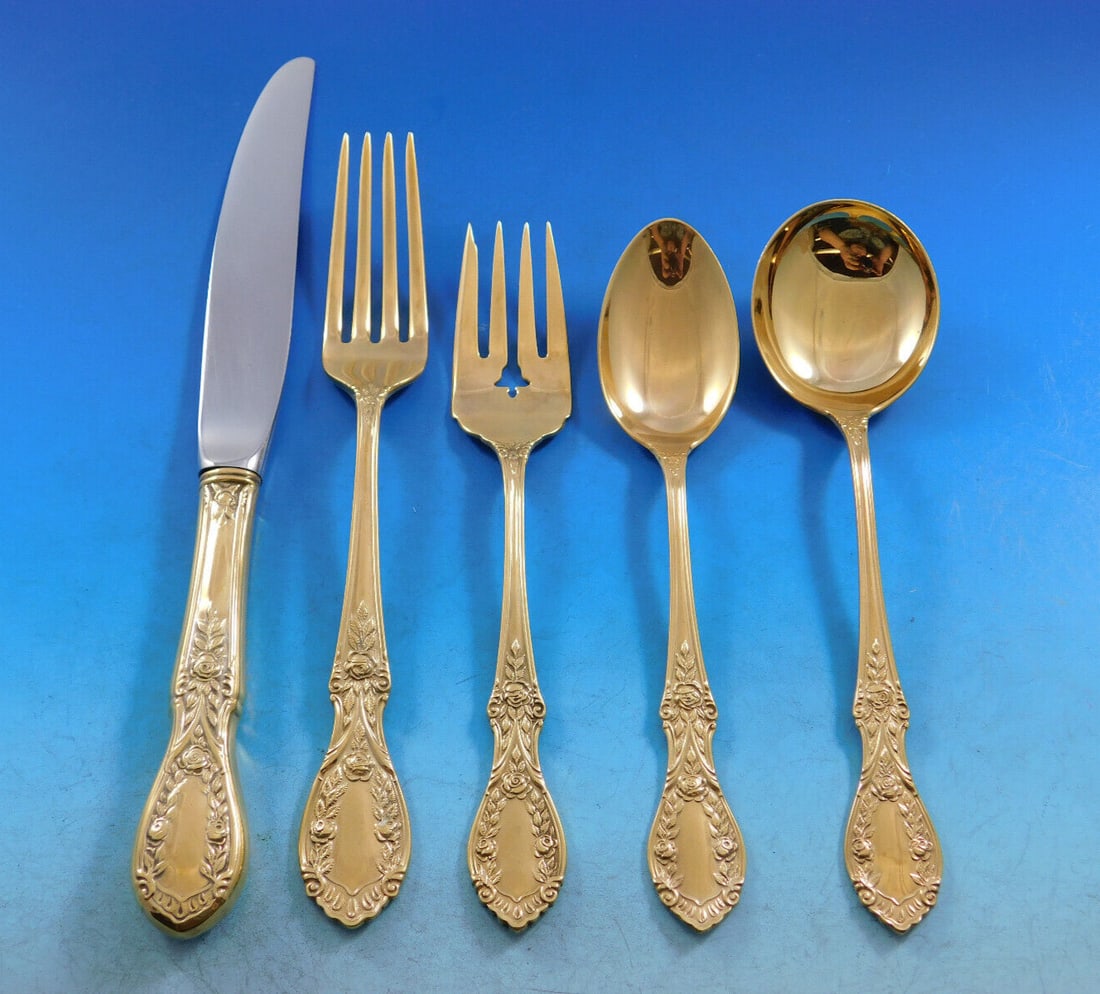 Manchester American Beauty Gold Sterling Silver Flatware Set 66 pcs Service for 12 (1 of 8)