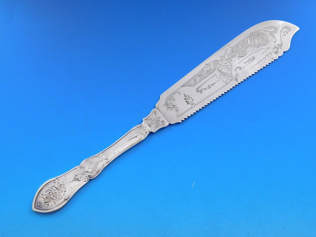 Rare Shiebler Dew Drop Sterling Silver Cake Saw Knife 10 Inch Brite-Cut (1 of 4)