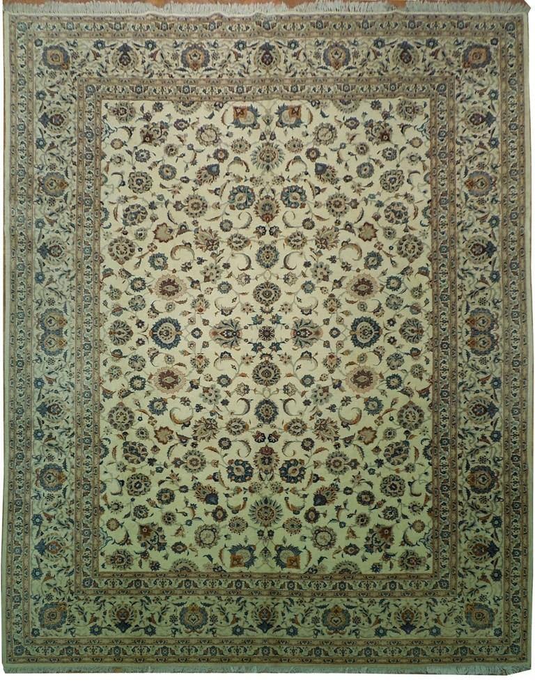 Handcrafted Ivory Persian Kashan Rug 9'10 x 13'9 Authentic Design: Handcrafted Ivory Persian Kashan Rug 9'10 x 13'9 Authentic Design Free continental US Shipping Discover the elegance of this handcrafted Ivory Persian Kashan Rug, measuring 9' 10" x 13' 9". Expertly w