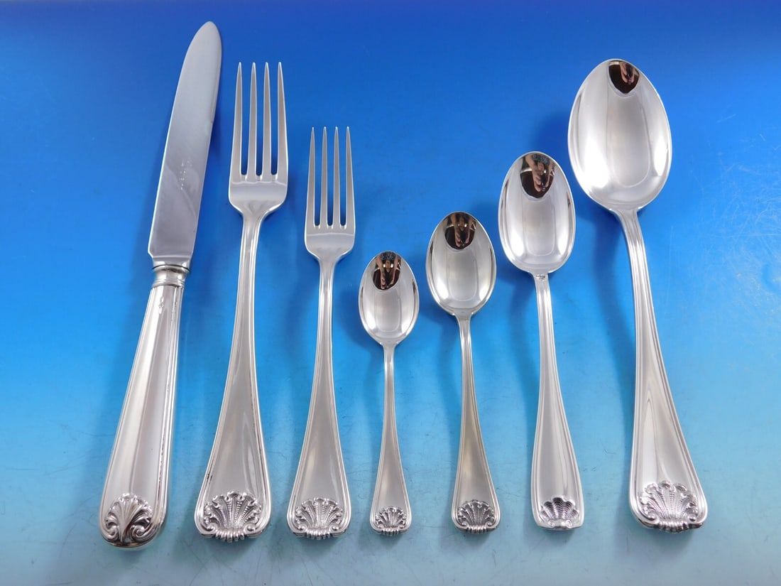 Schiavon Conchiglia 62-Piece 800 Silver Flatware Set with Storage Chest: Schiavon Conchiglia 62-Piece 800 Silver Flatware Set with Storage Chest Introducing the exquisite Conchiglia (Shell) Flatware Set by Schiavon, Italy. This stunning 62-piece set is crafted from 800 sil